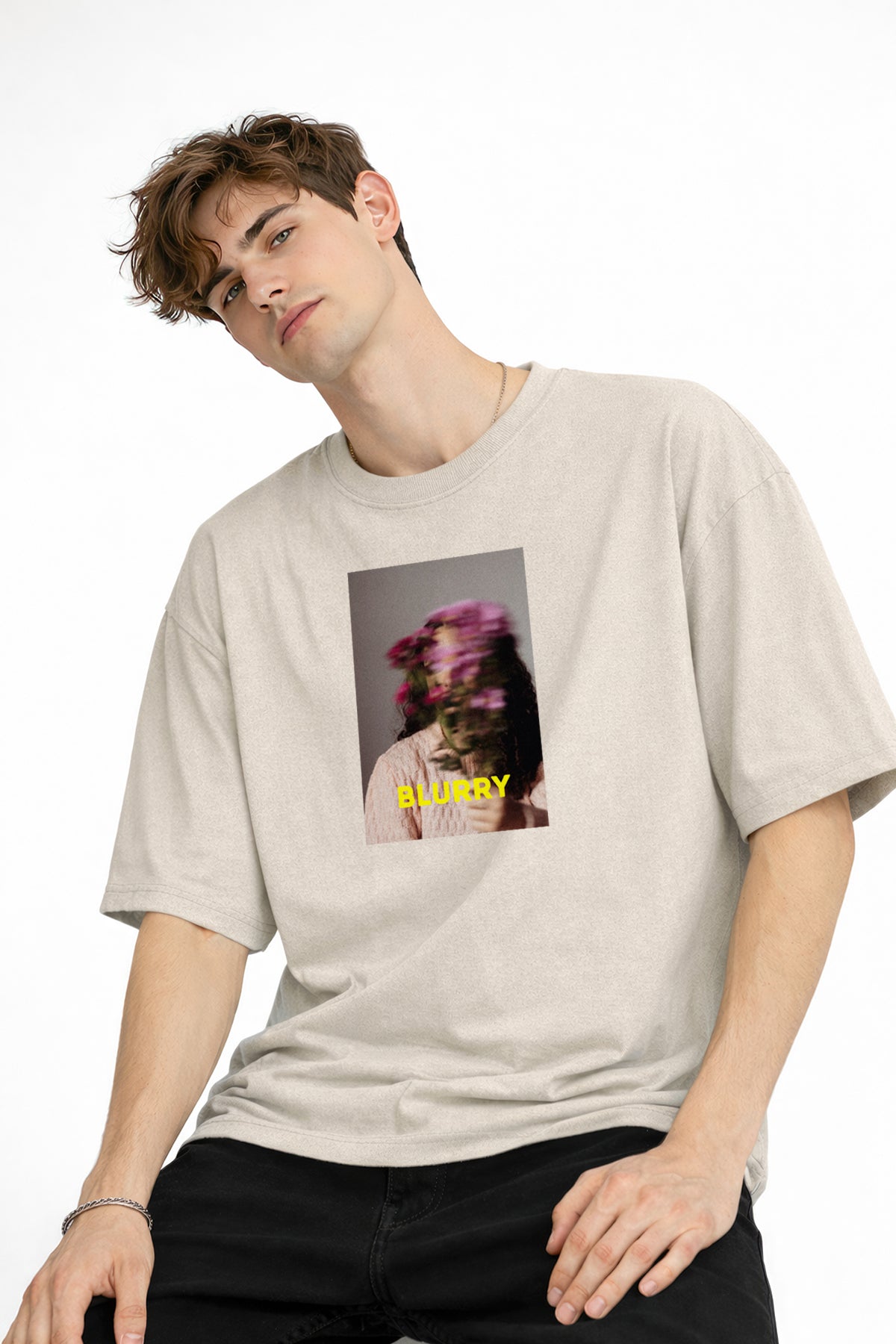 Blurry - Oversize Erkek Tişört BEJ