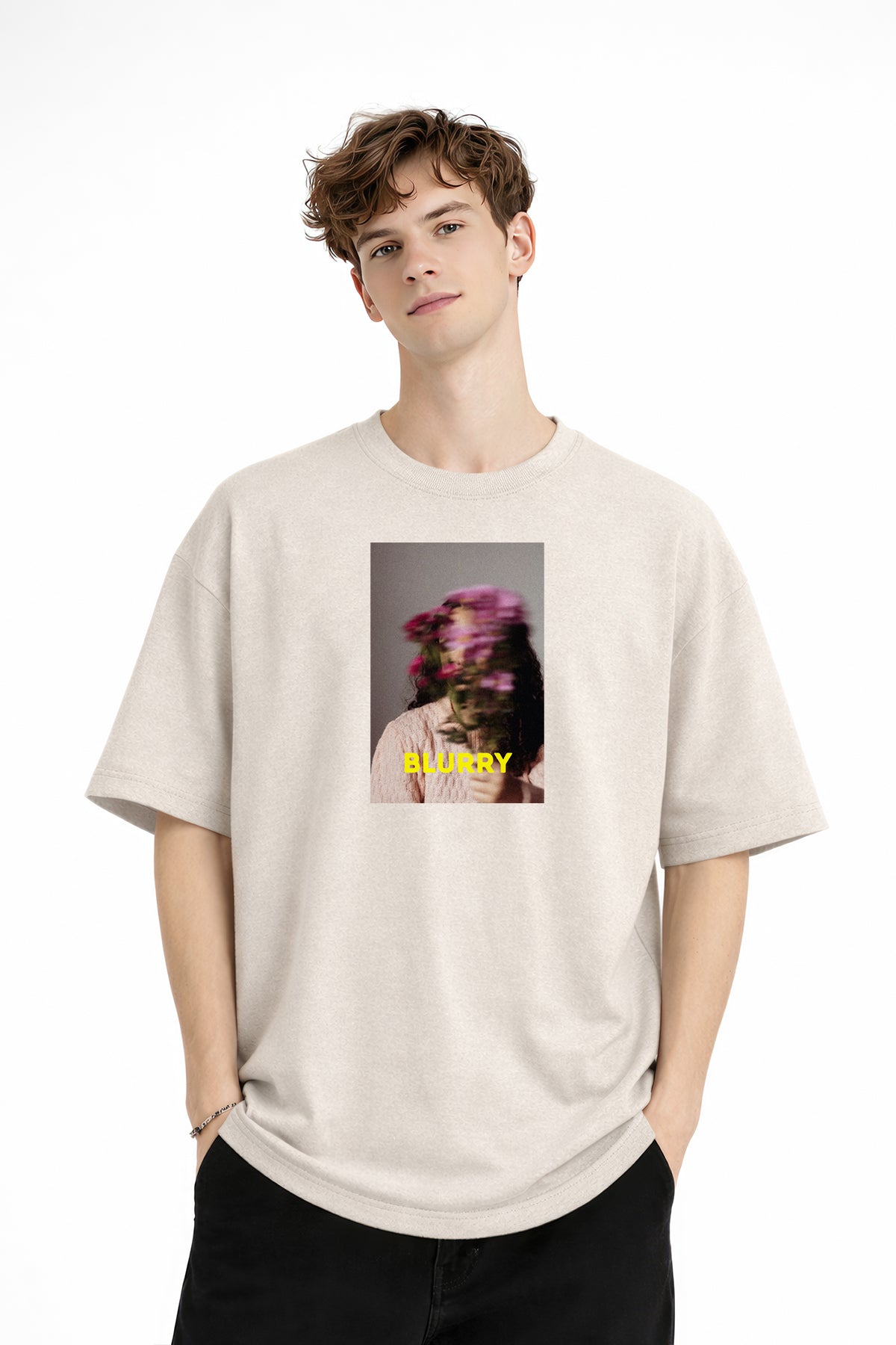 Blurry - Oversize Erkek Tişört BEJ