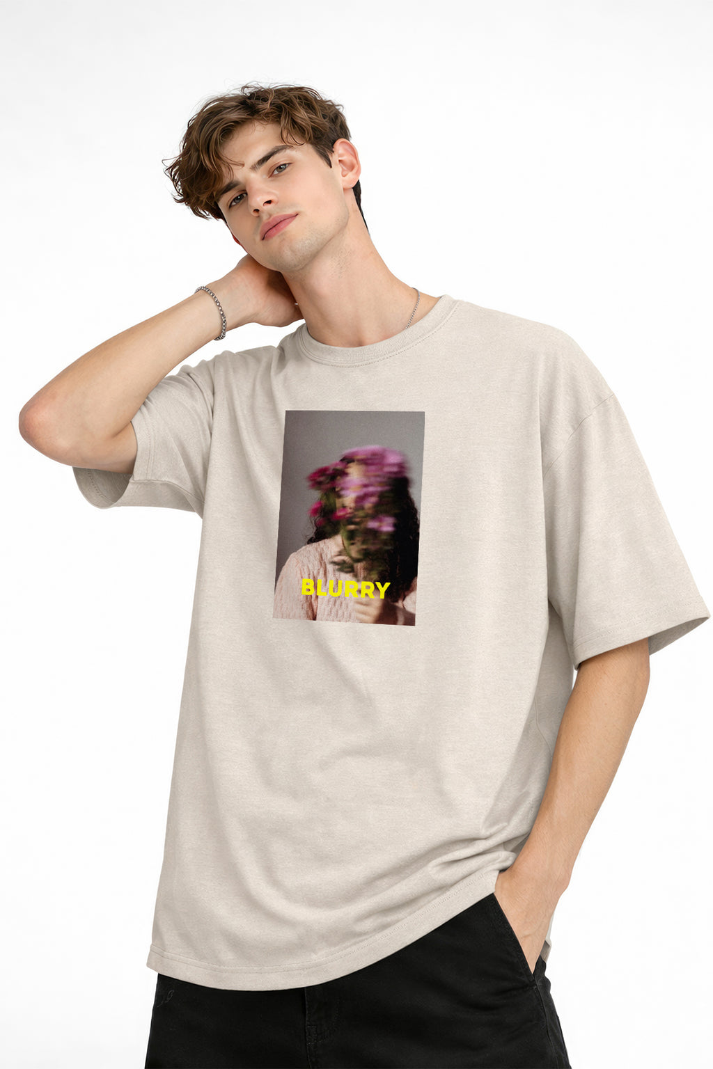 Blurry - Oversize Erkek Tişört BEJ
