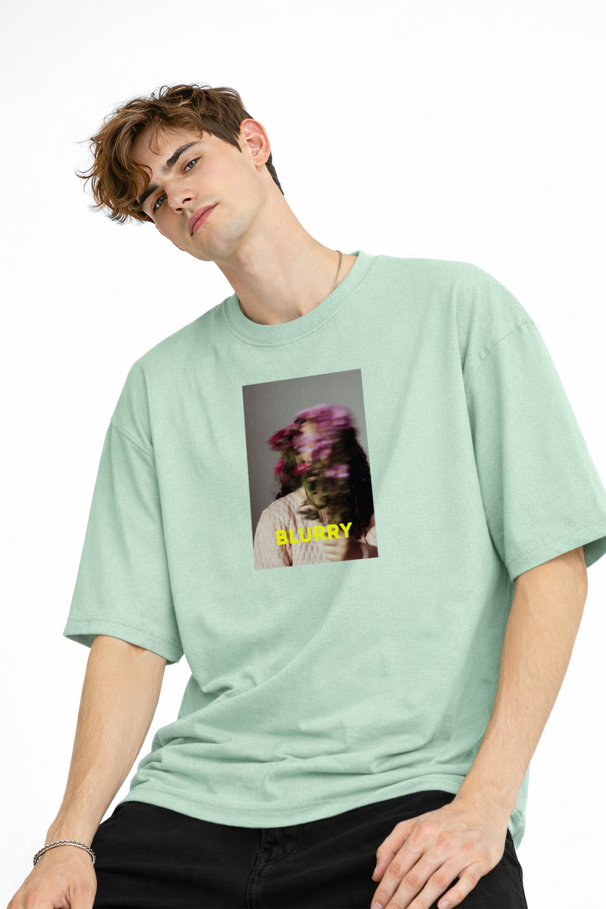 Blurry - Oversize Erkek Tişört SU YESILI