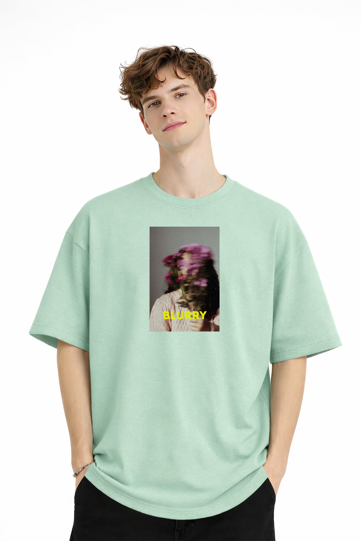 Blurry - Oversize Erkek Tişört SU YESILI