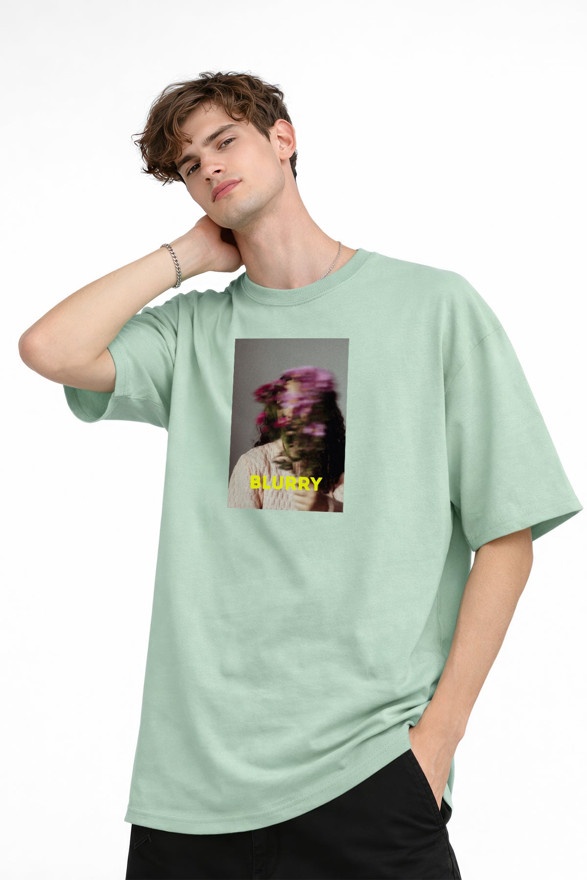 Blurry - Oversize Erkek Tişört SU YESILI