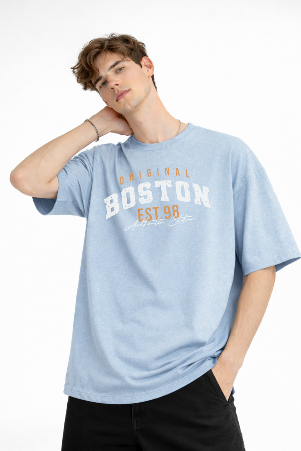 Boston - Baskılı Oversize Tişört AÇIK MAVİ