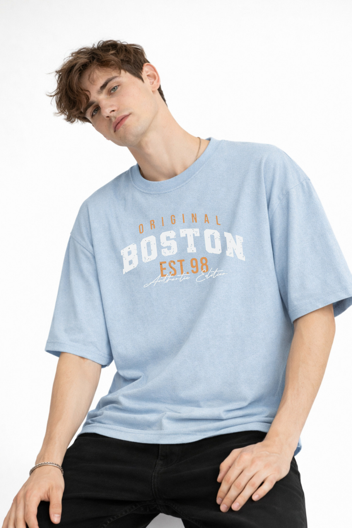 Boston - Baskılı Oversize Tişört AÇIK MAVİ