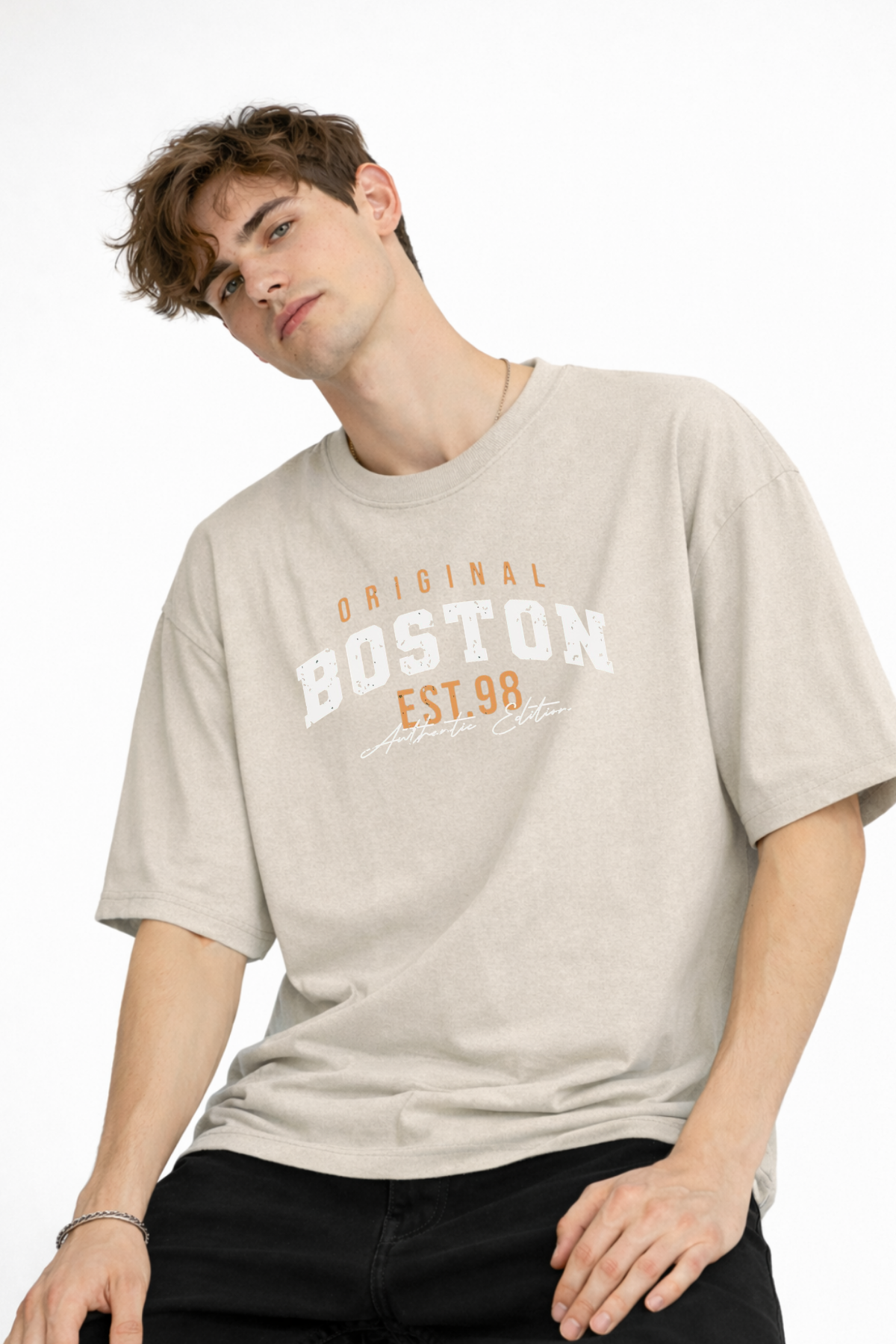 Boston - Baskılı Oversize Tişört BEJ
