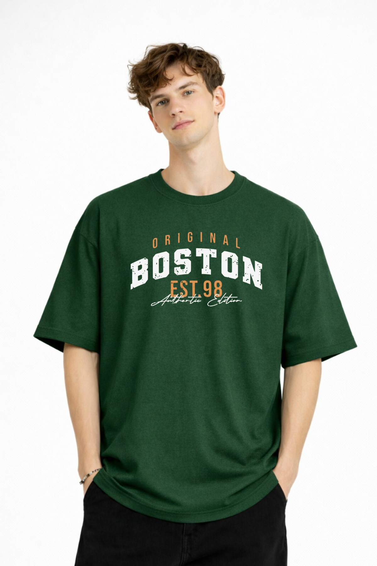 Boston - Baskılı Oversize Tişört HAKI