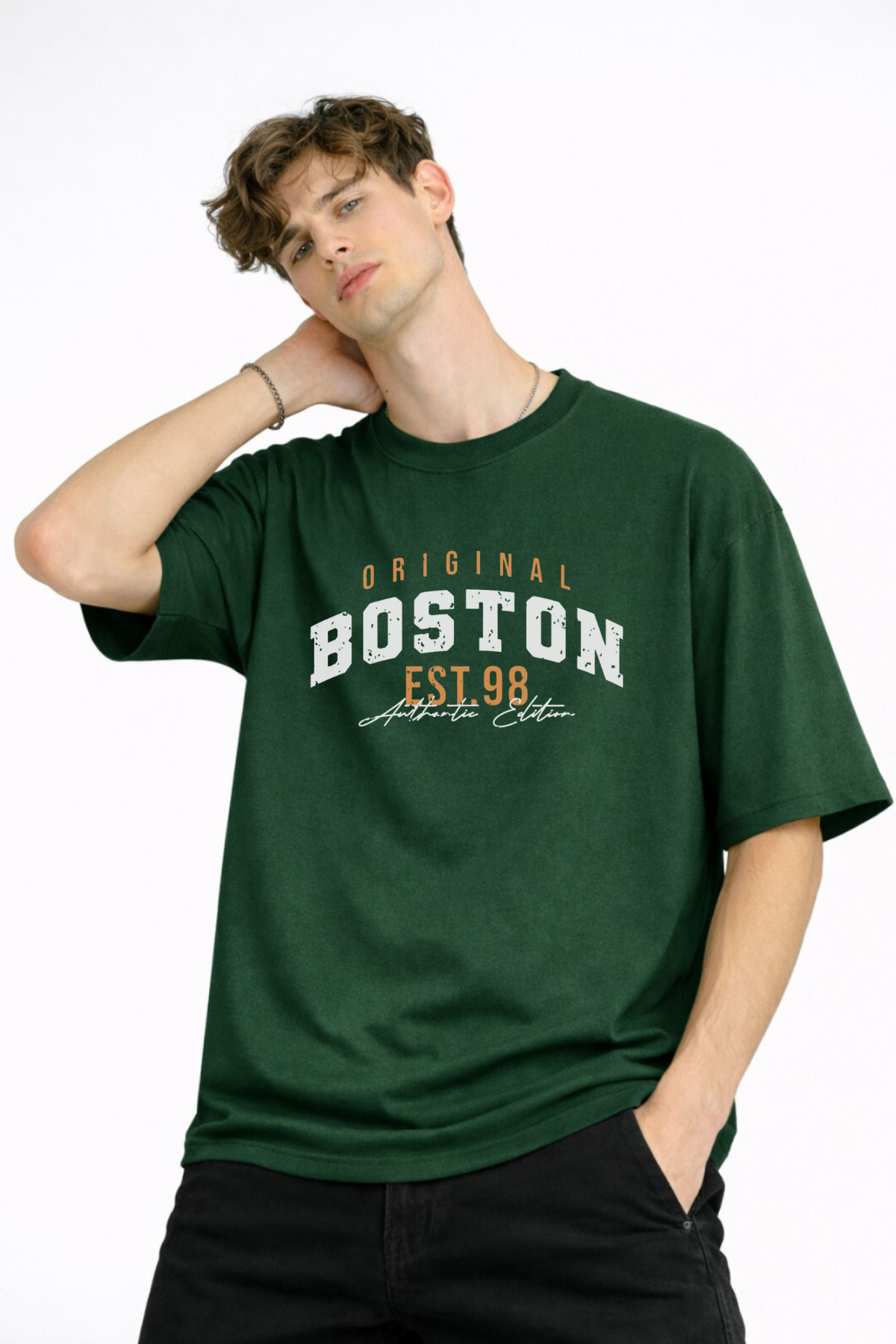 Boston - Baskılı Oversize Tişört HAKI