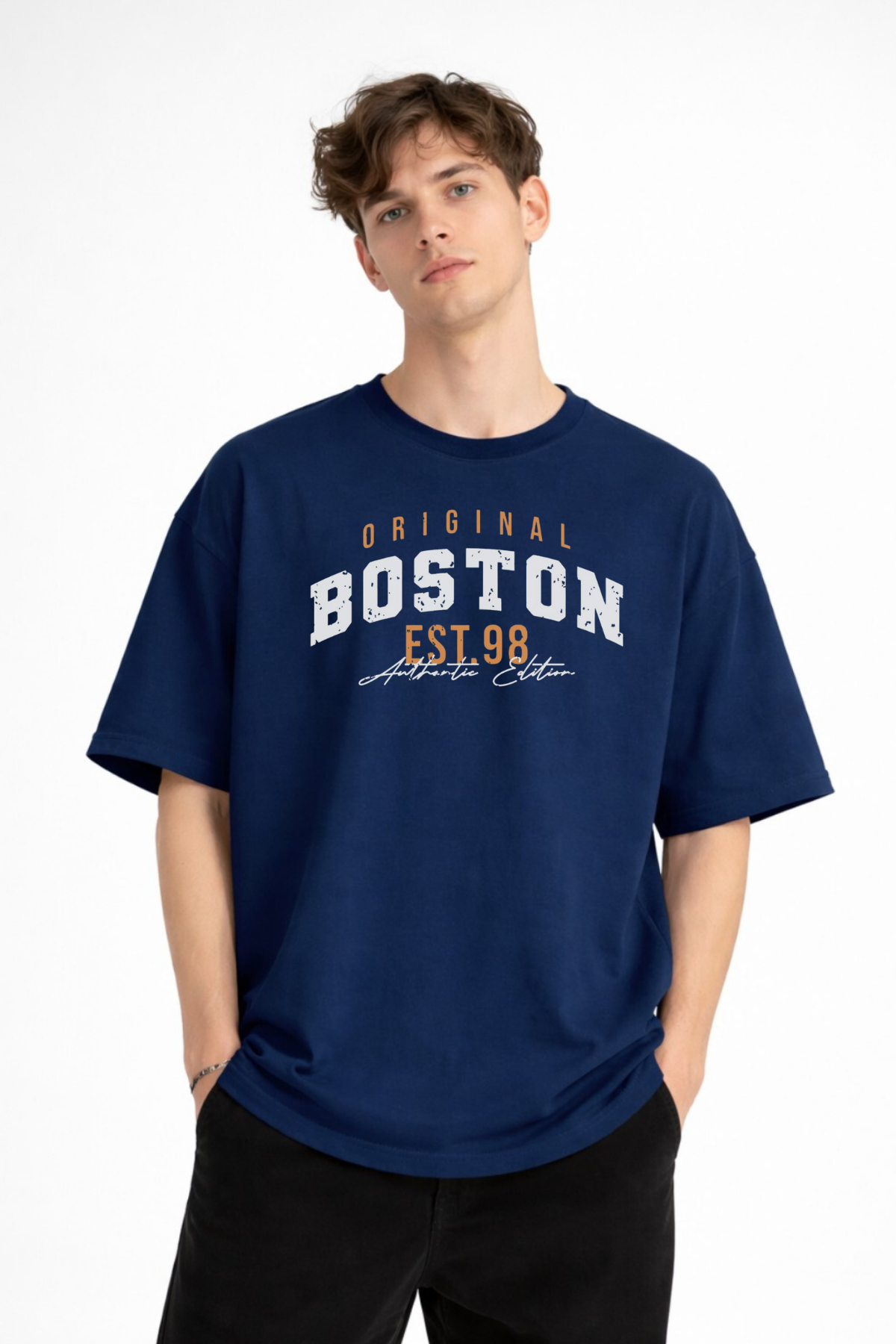 Boston - Baskılı Oversize Tişört LACIVERT
