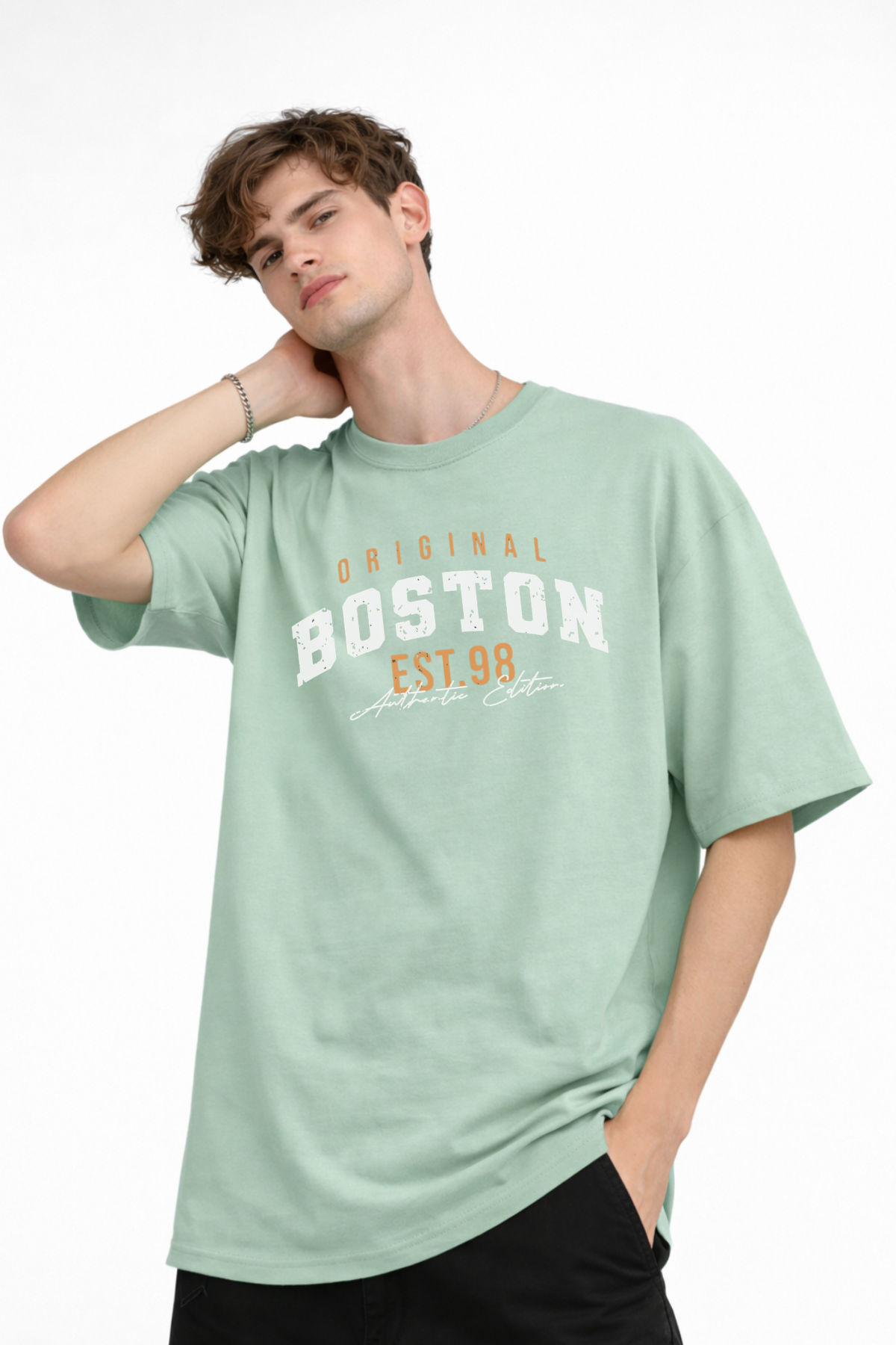 Boston - Baskılı Oversize Tişört SU YESILI