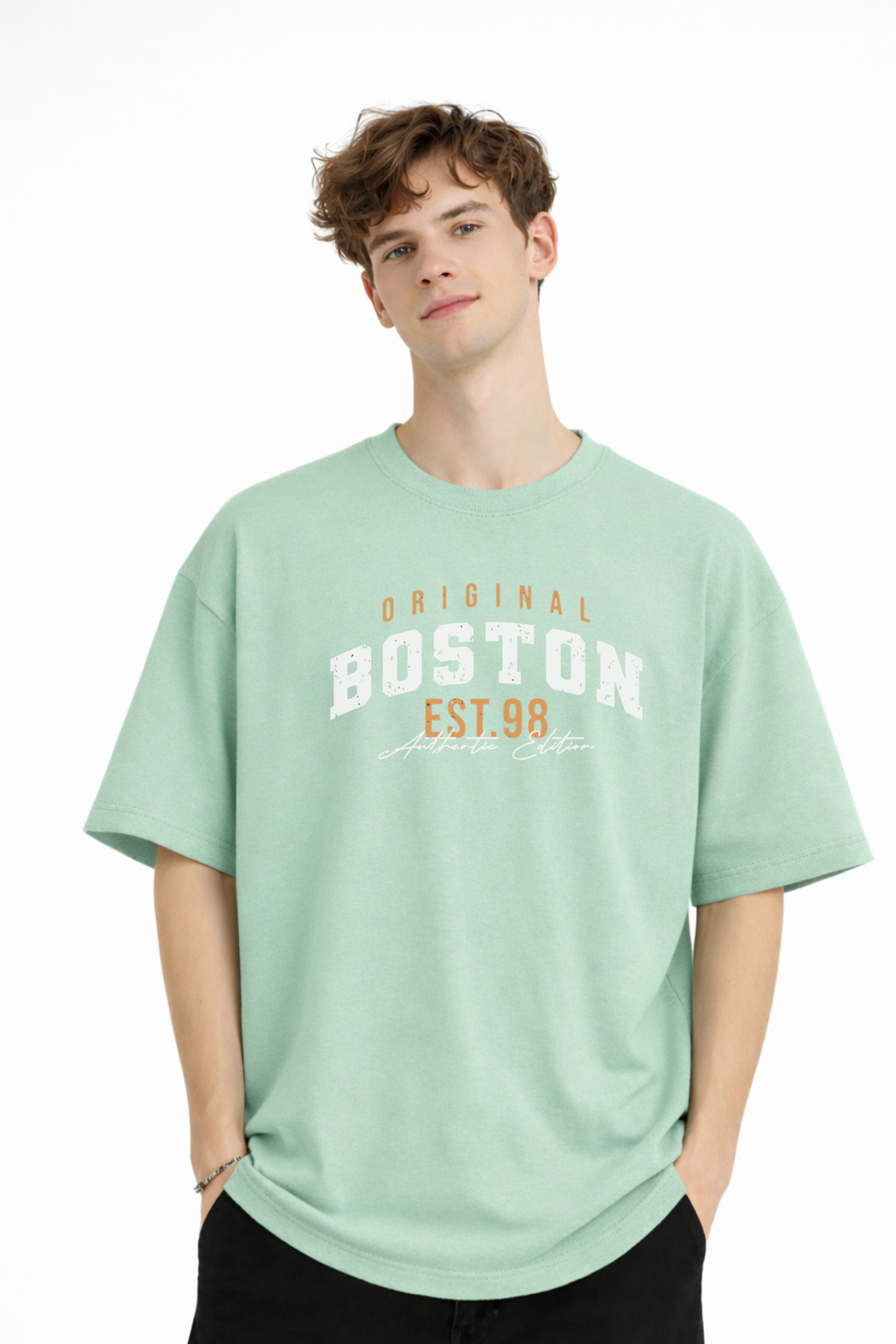 Boston - Baskılı Oversize Tişört SU YESILI