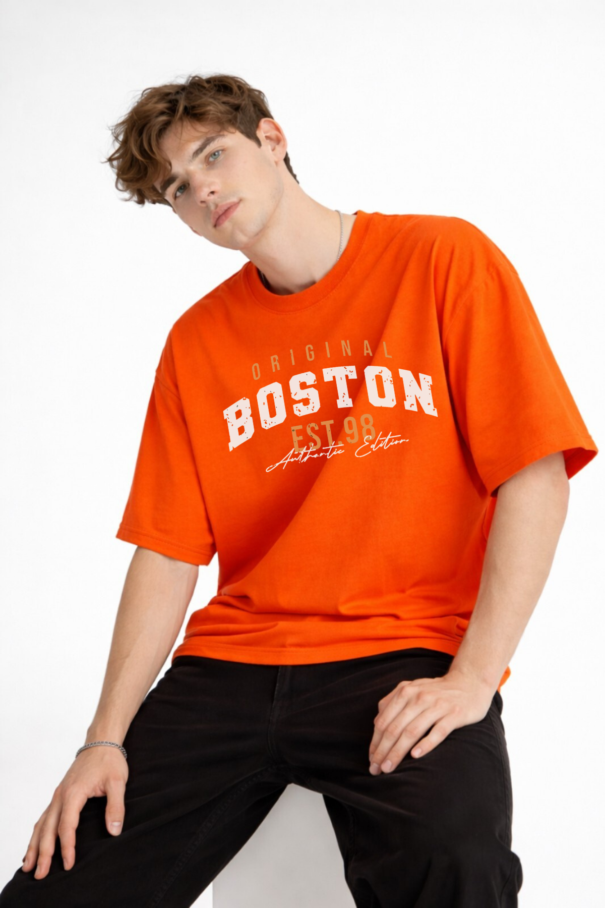 Boston - Baskılı Oversize Tişört TURUNCU
