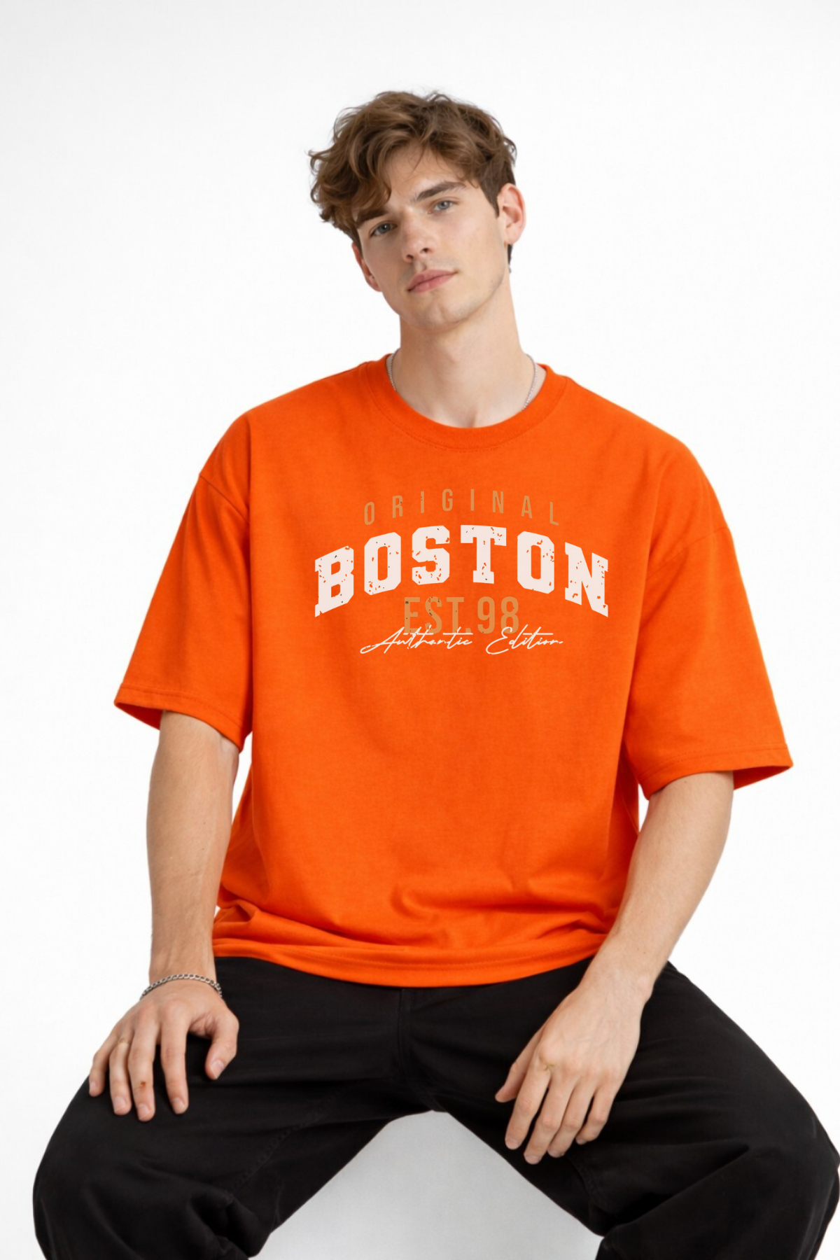 Boston - Baskılı Oversize Tişört TURUNCU