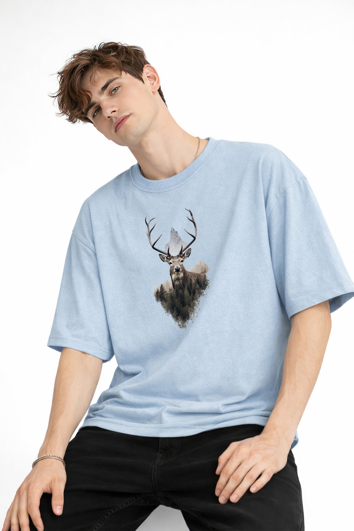Deer - Oversize Erkek Tişört Bebek Mavisi