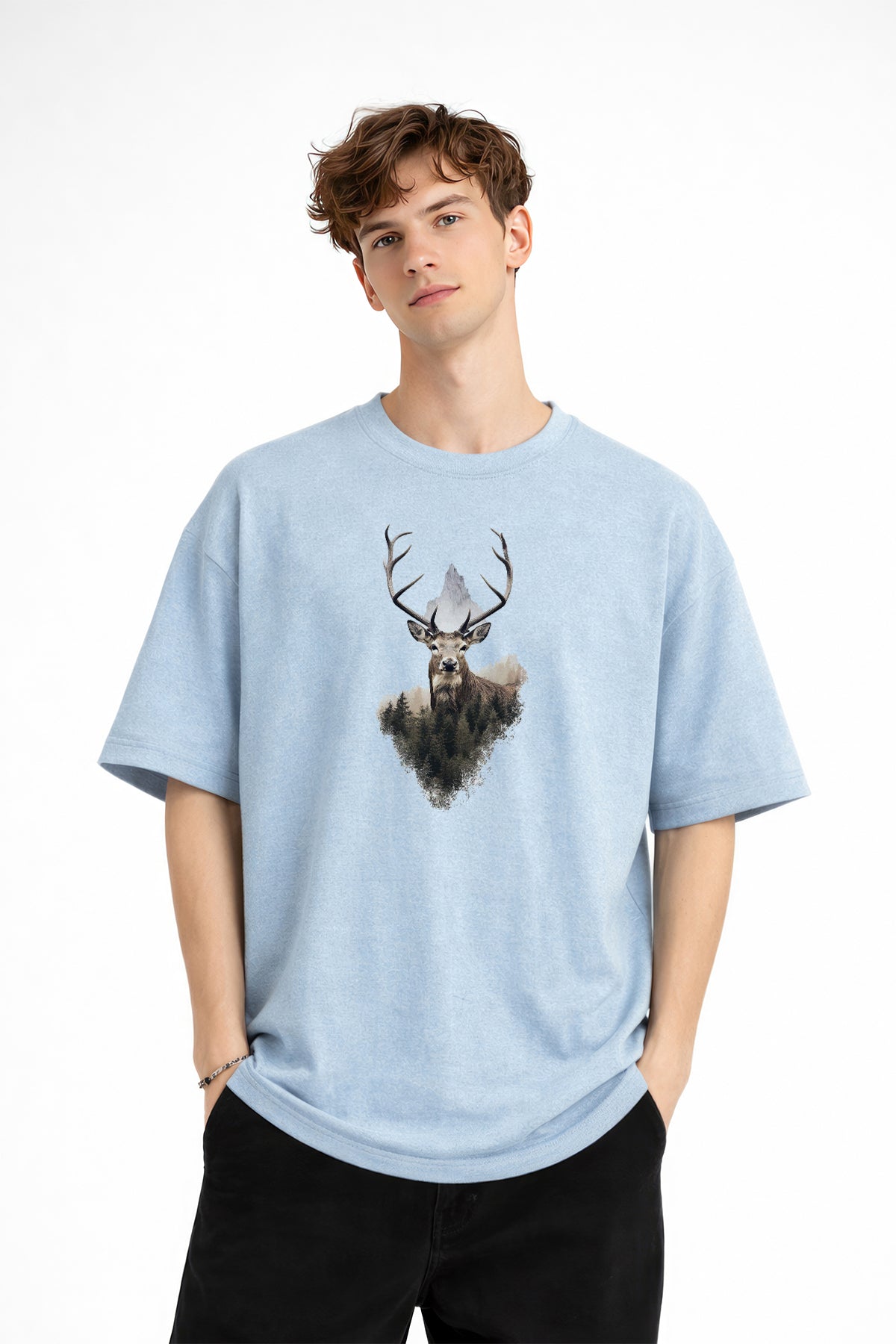 Deer - Oversize Erkek Tişört Bebek Mavisi