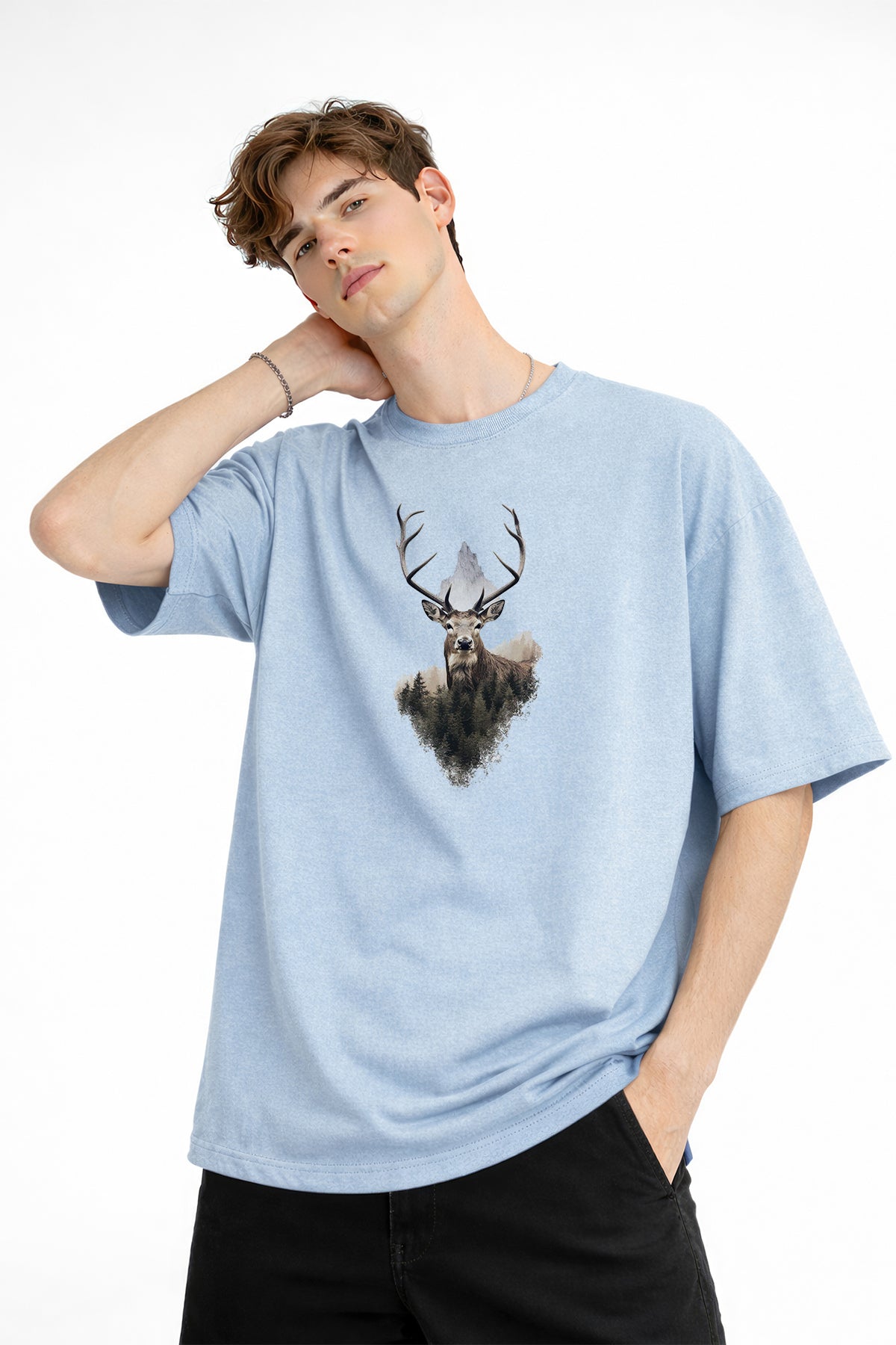 Deer - Oversize Erkek Tişört Bebek Mavisi