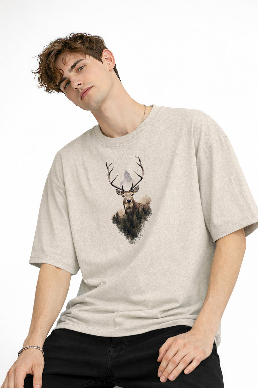 Deer - Oversize Erkek Tişört BEJ
