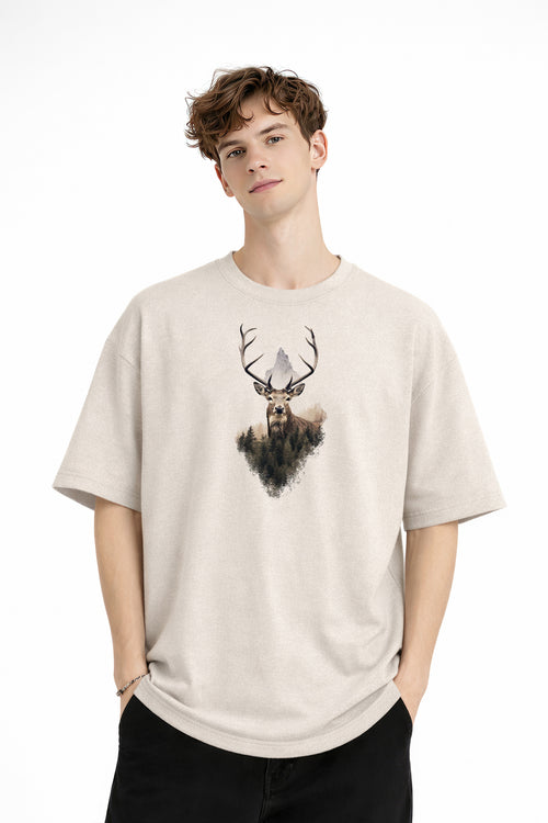 Deer - Oversize Erkek Tişört BEJ