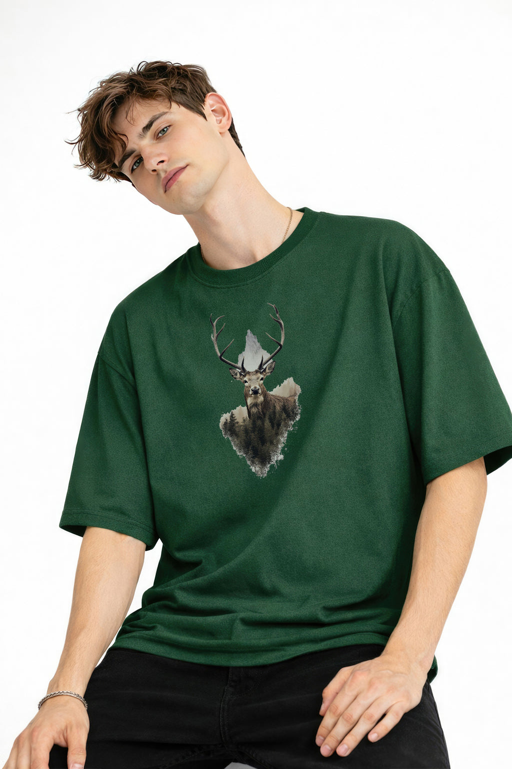 Deer - Oversize Erkek Tişört HAKI