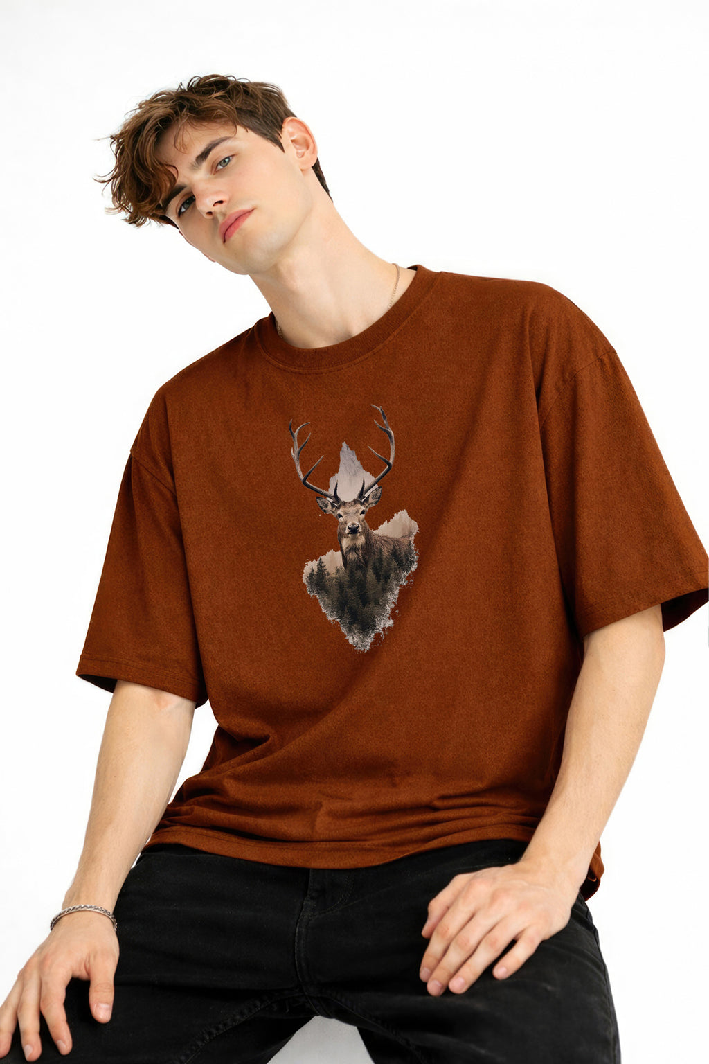Deer - Oversize Erkek Tişört KAHVE