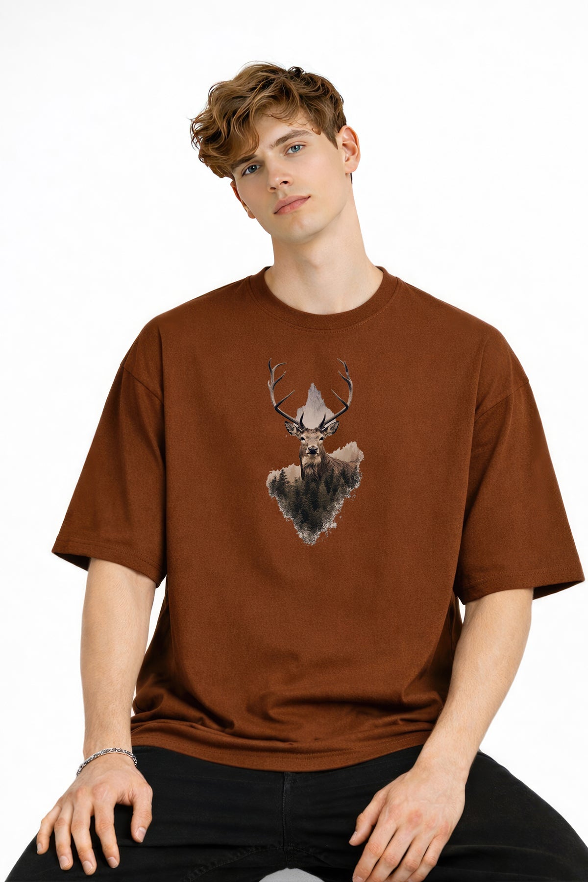 Deer - Oversize Erkek Tişört KAHVE