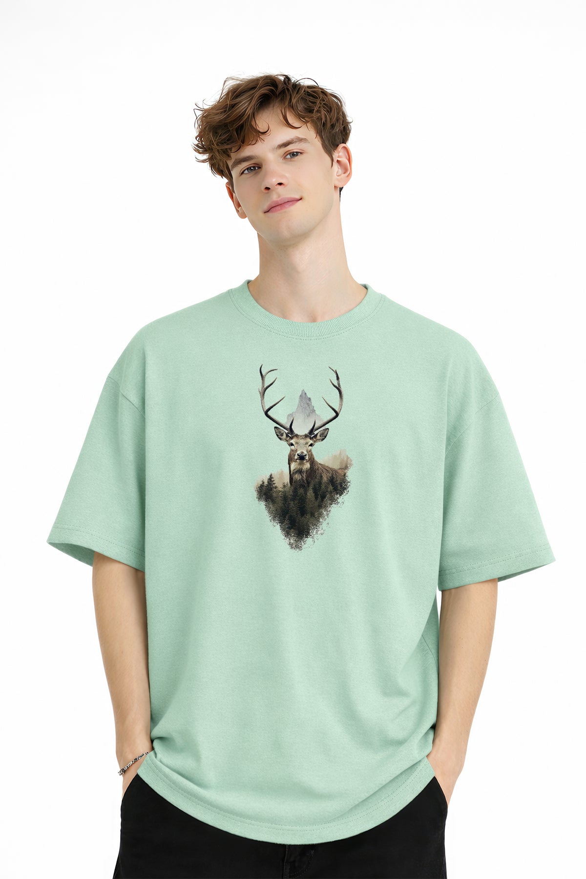 Deer - Oversize Erkek Tişört SU YESILI