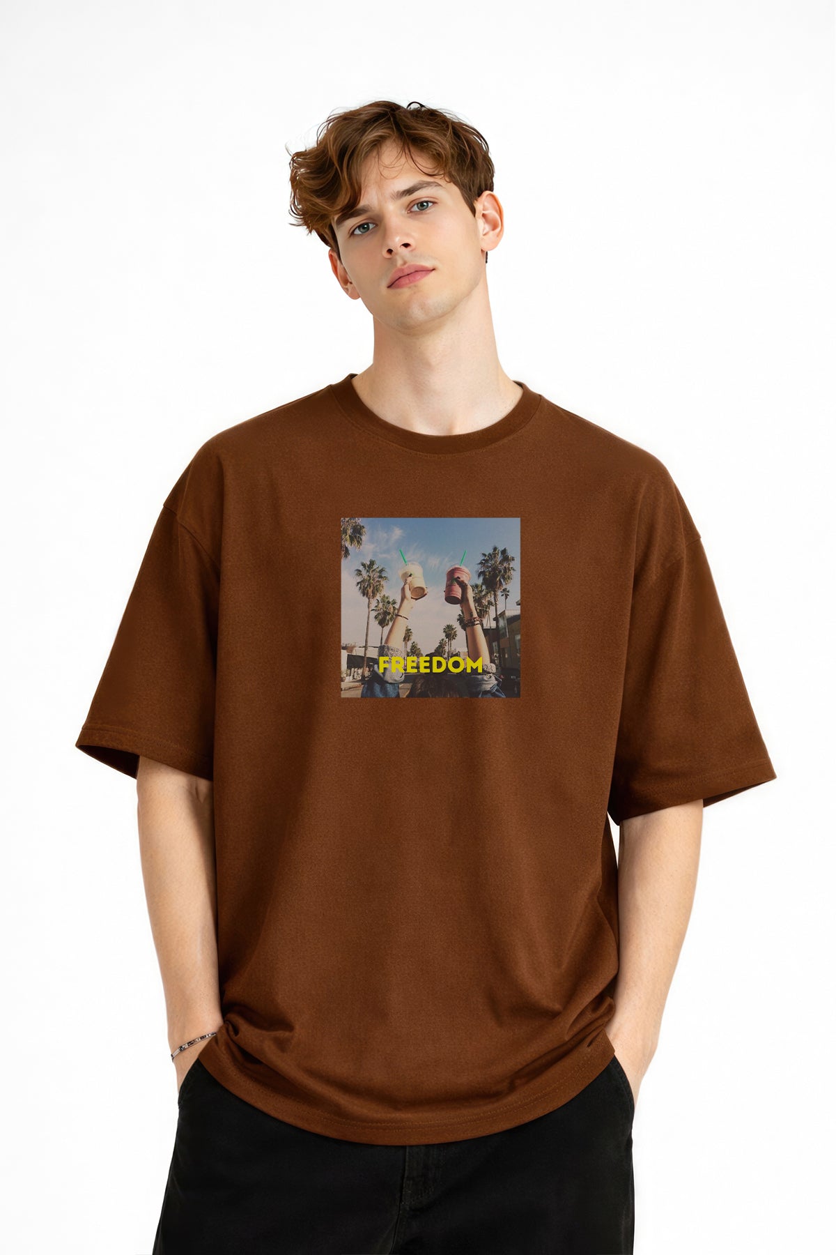 Freedom - Oversize Erkek Tişört KAHVE