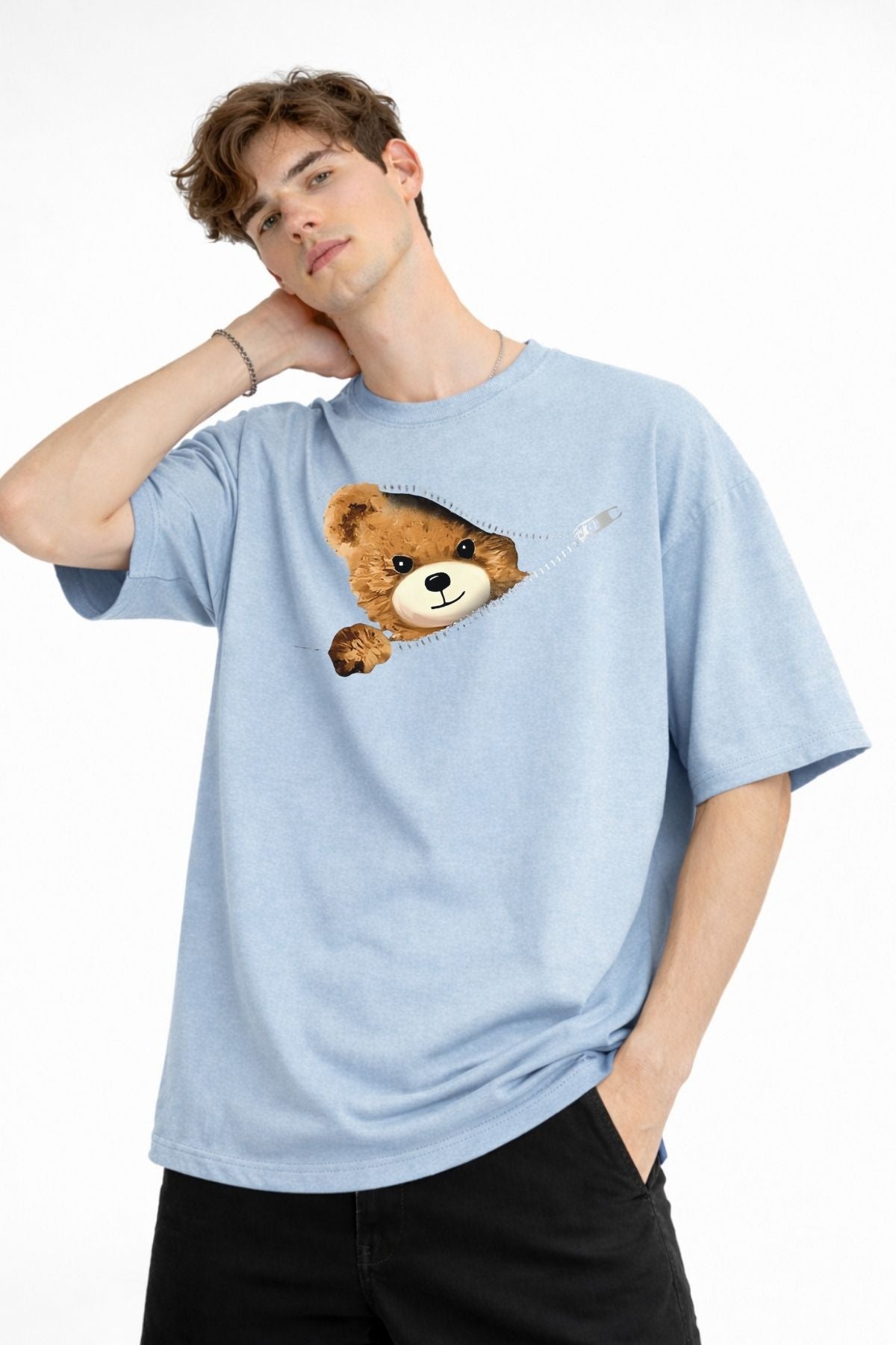 MN - Bear Baskılı Oversize Tişört AÇIK MAVİ