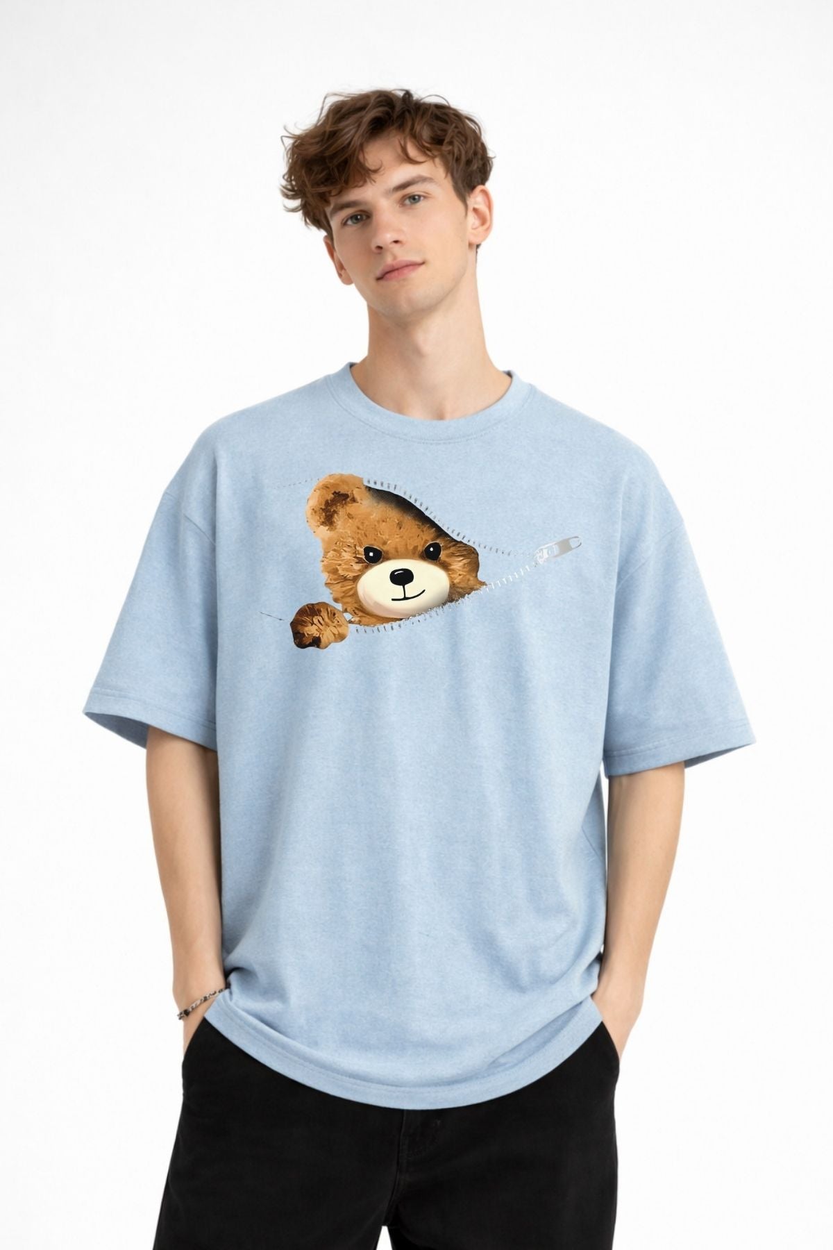 MN - Bear Baskılı Oversize Tişört AÇIK MAVİ