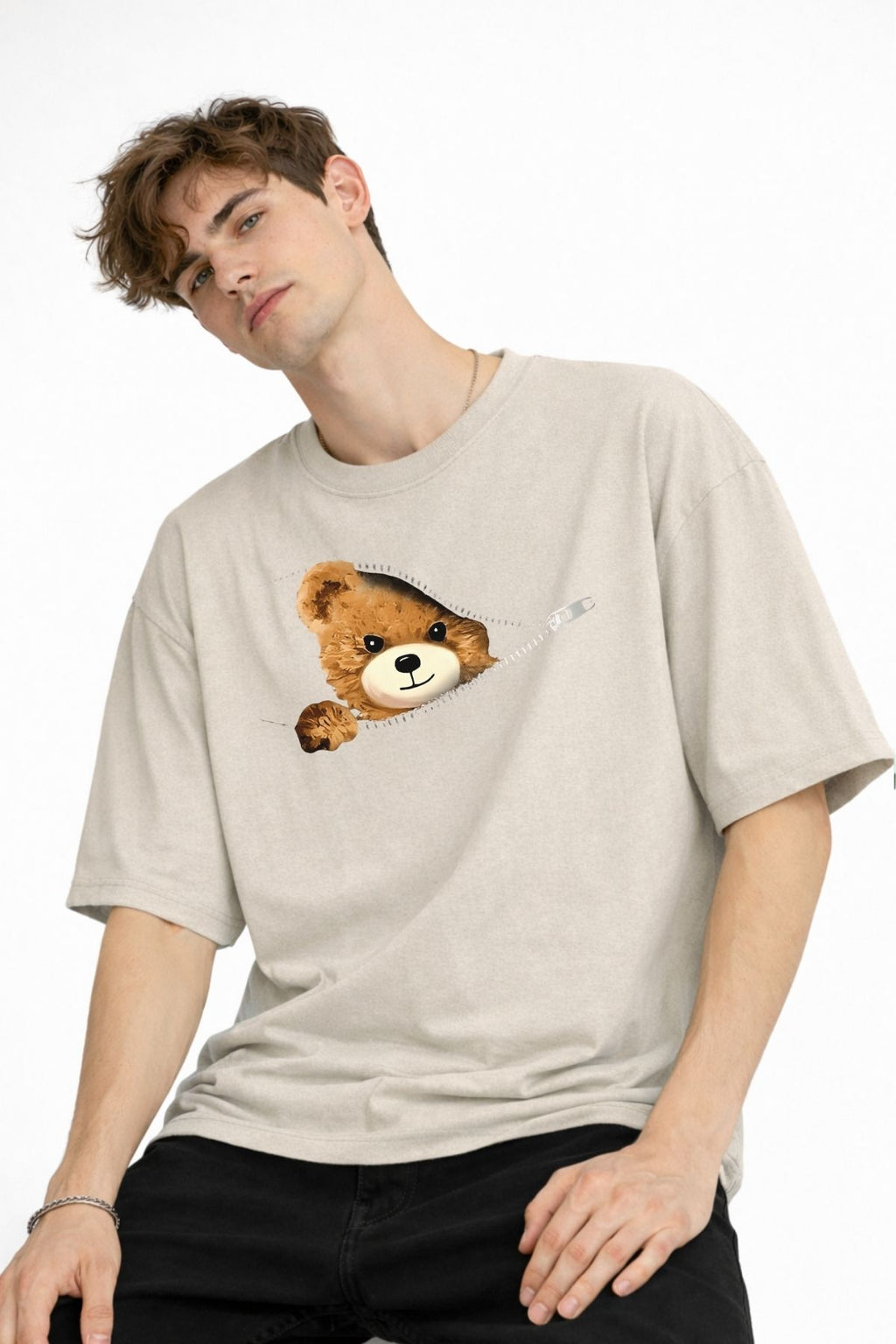 MN - Bear Baskılı Oversize Tişört BEJ