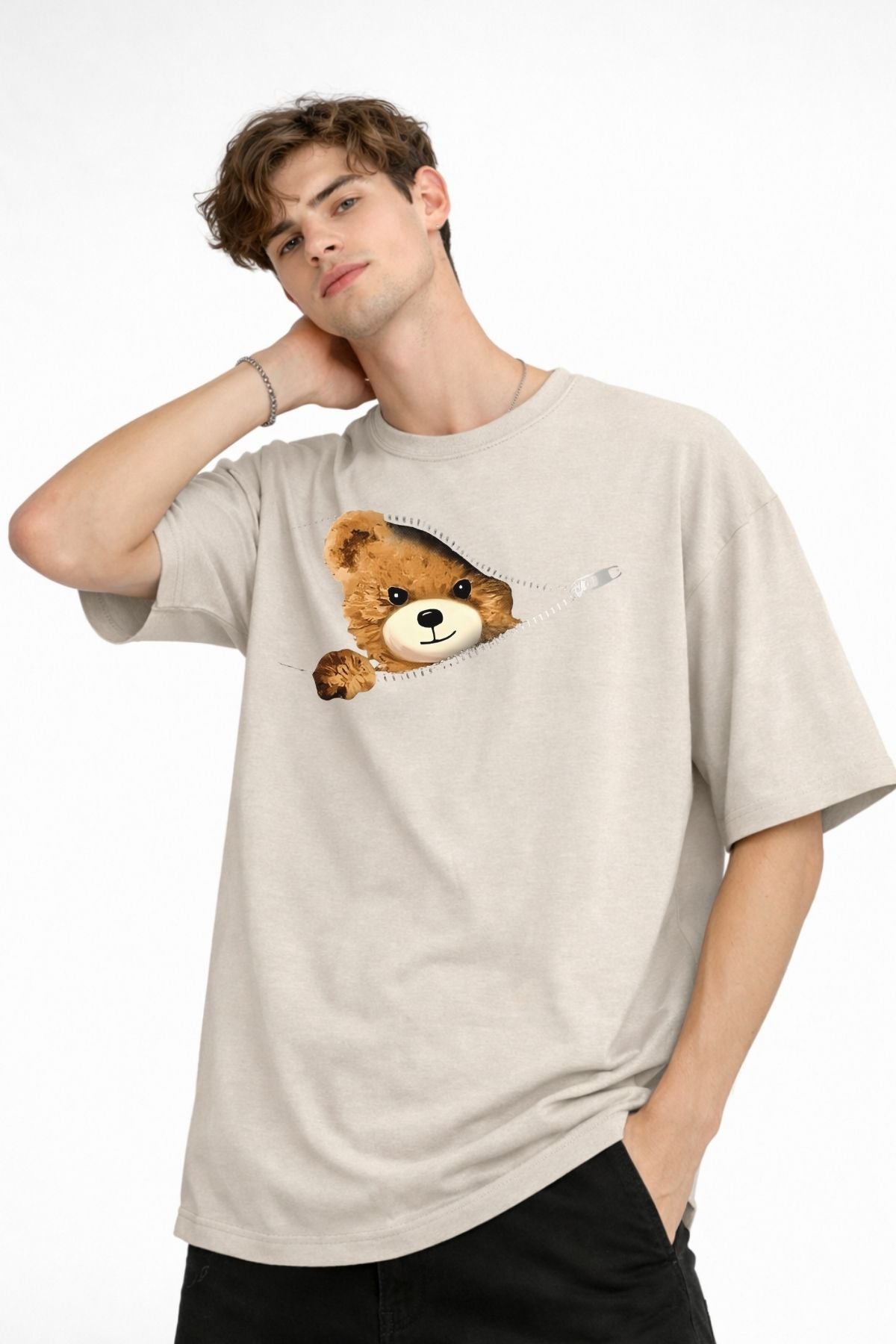 MN - Bear Baskılı Oversize Tişört BEJ