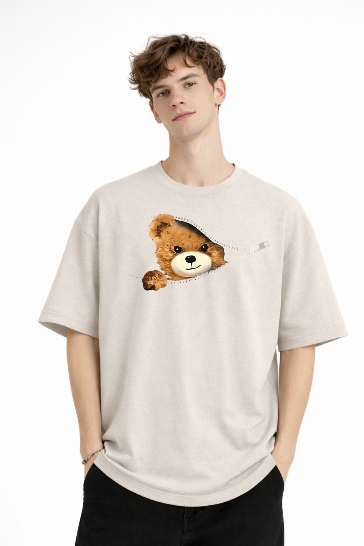 MN - Bear Baskılı Oversize Tişört BEJ