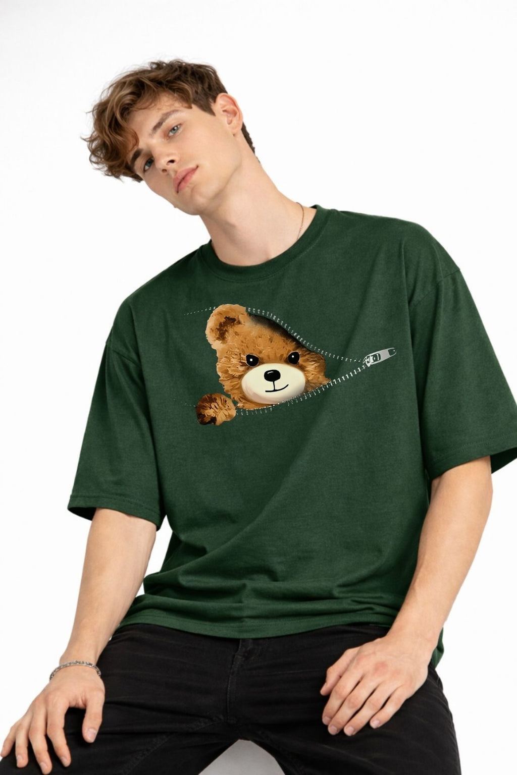 MN - Bear Baskılı Oversize Tişört HAKI