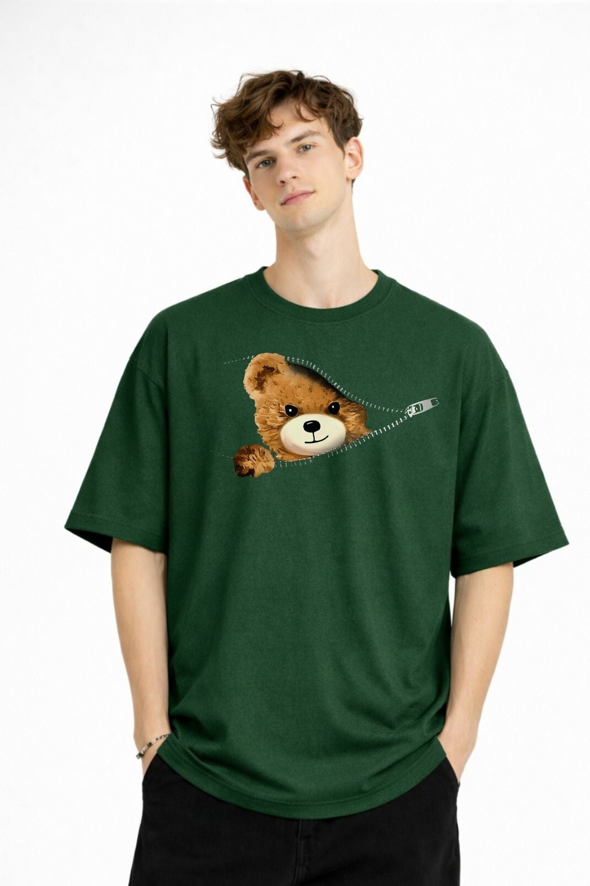MN - Bear Baskılı Oversize Tişört HAKI