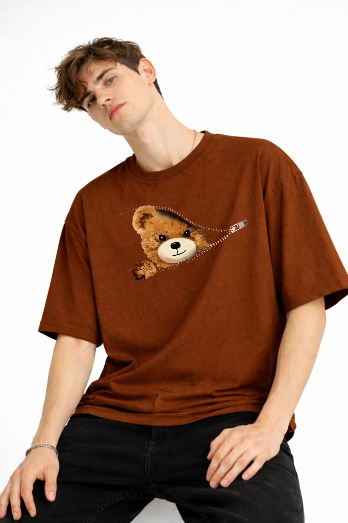 MN - Bear Baskılı Oversize Tişört KAHVE