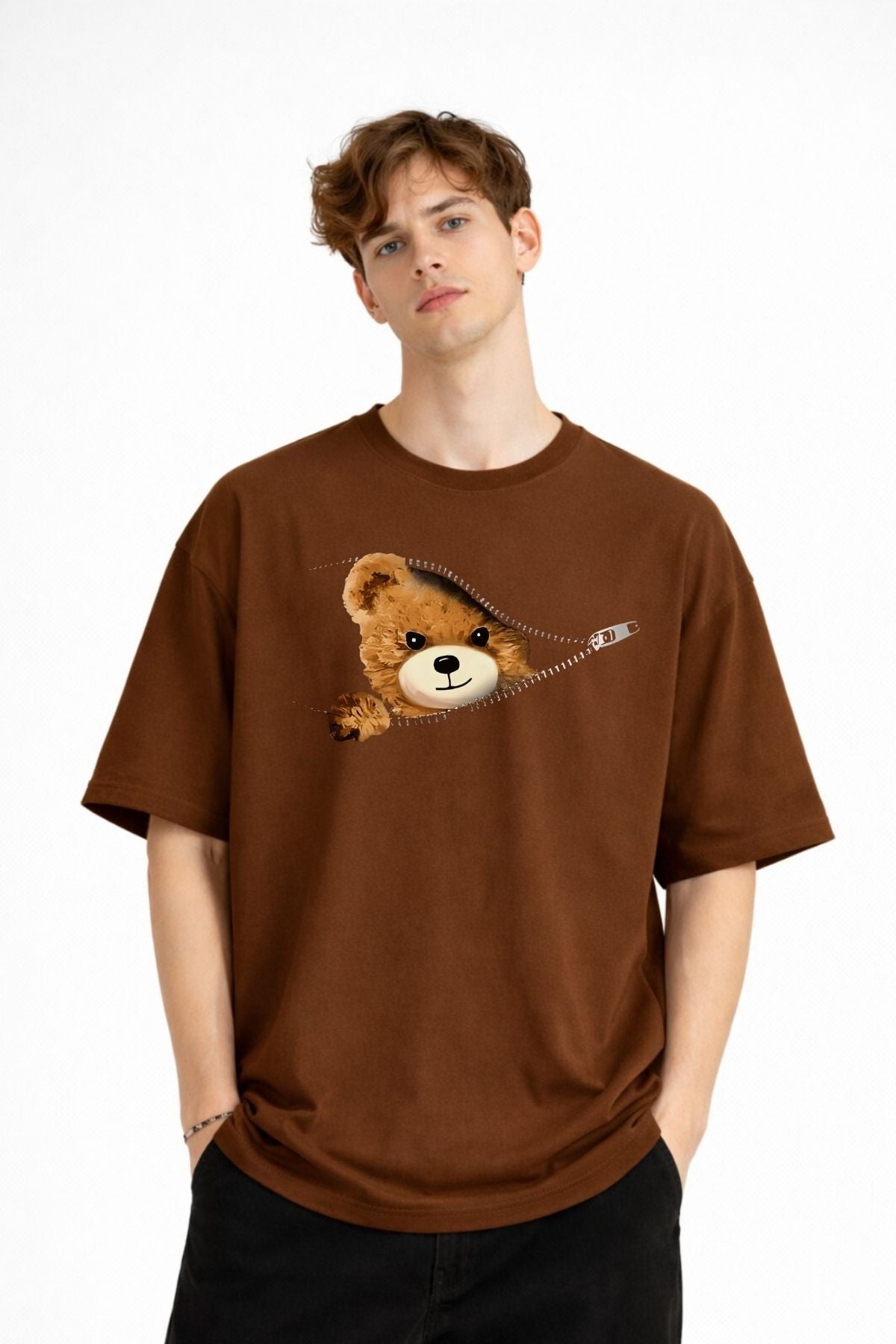MN - Bear Baskılı Oversize Tişört KAHVE
