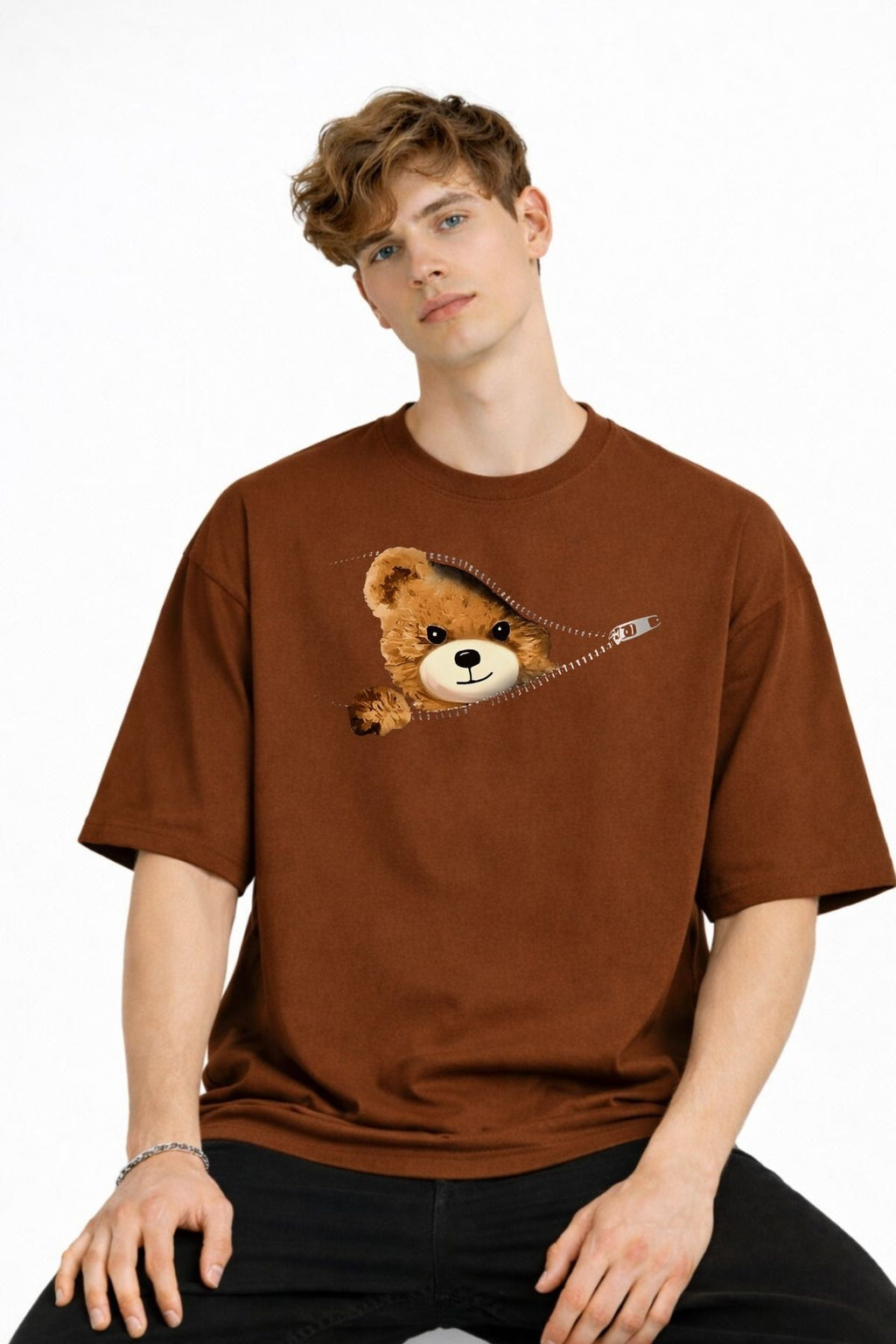 MN - Bear Baskılı Oversize Tişört KAHVE