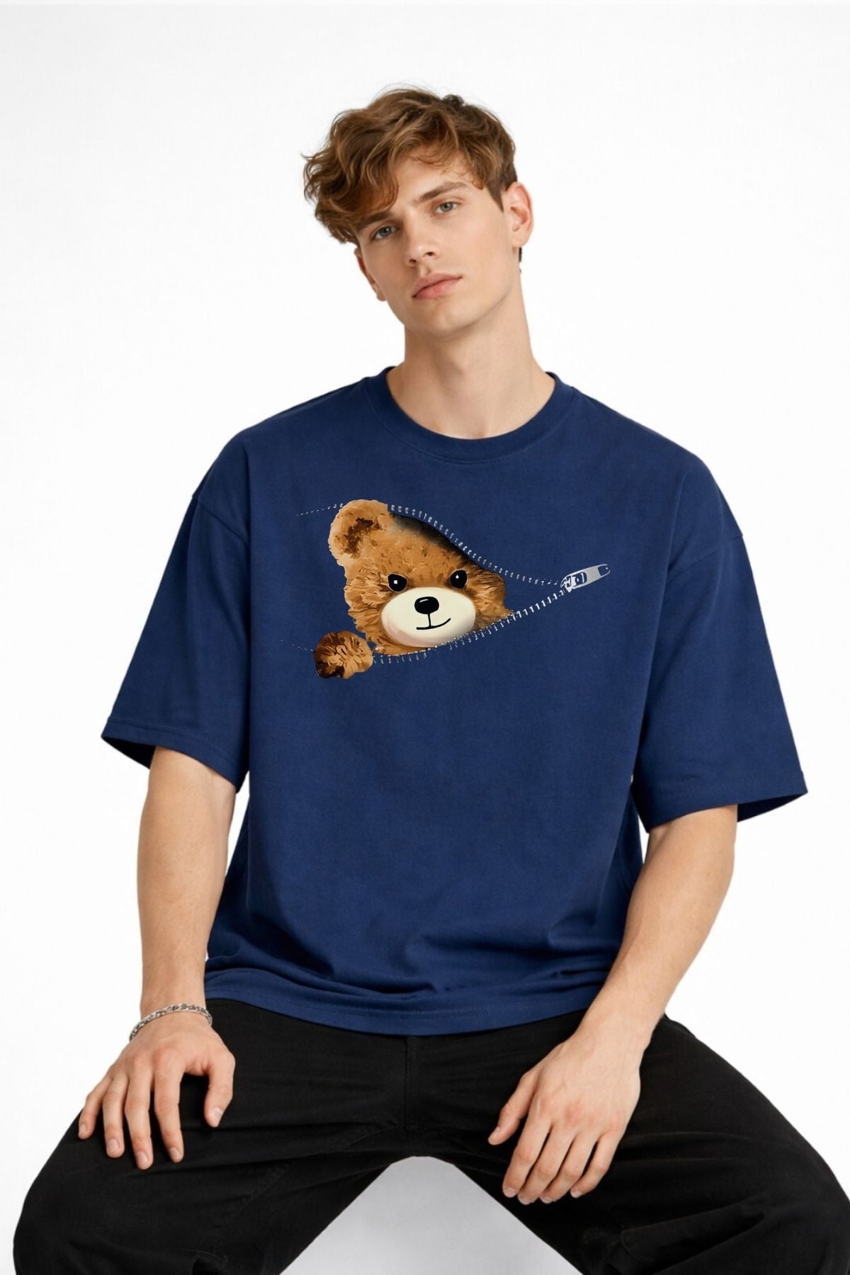 MN - Bear Baskılı Oversize Tişört LACIVERT