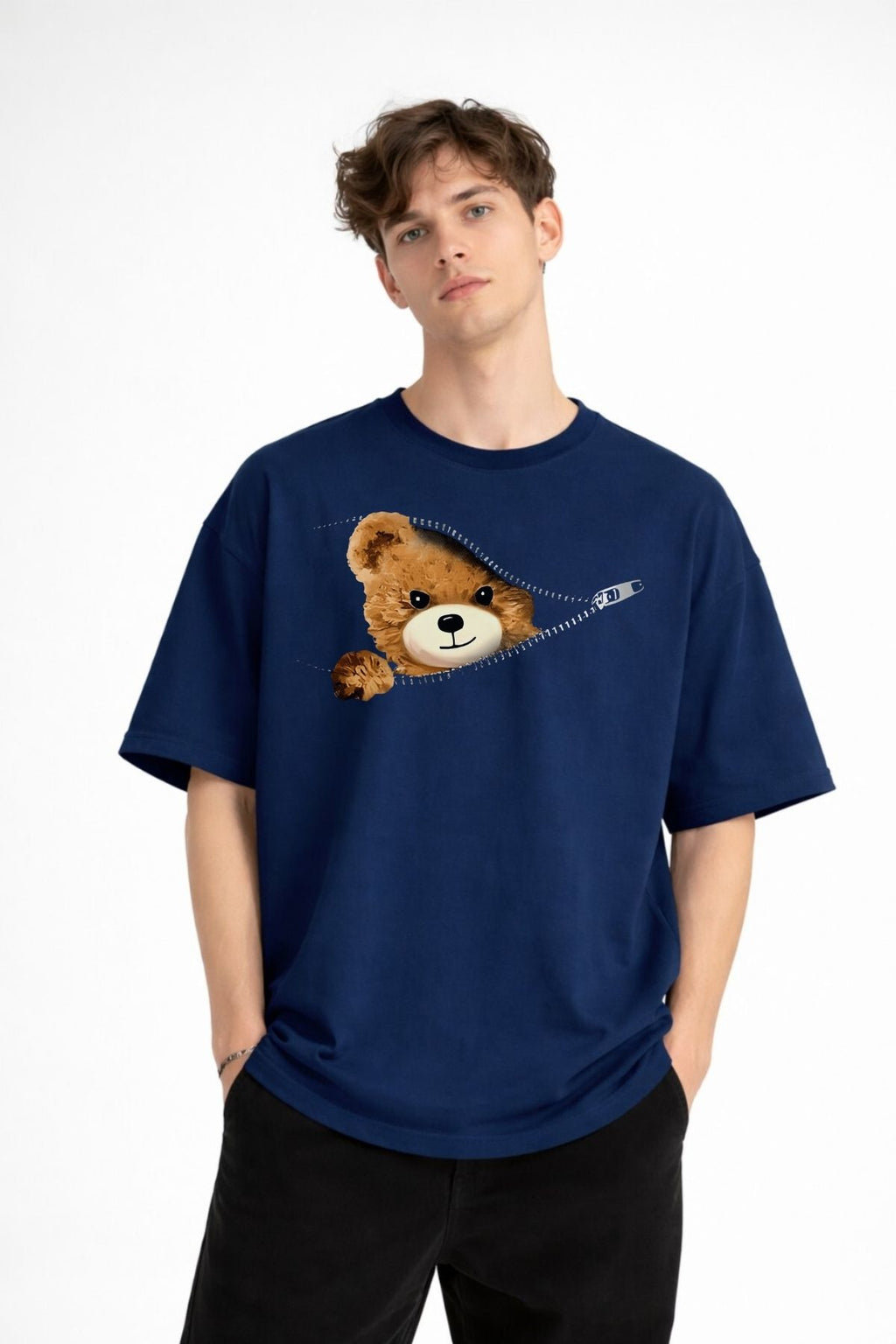 MN - Bear Baskılı Oversize Tişört LACIVERT
