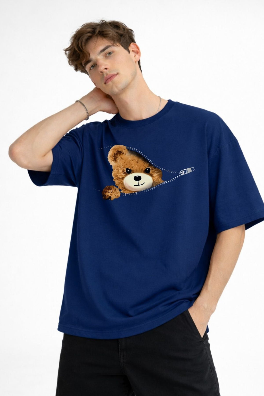 MN - Bear Baskılı Oversize Tişört LACIVERT