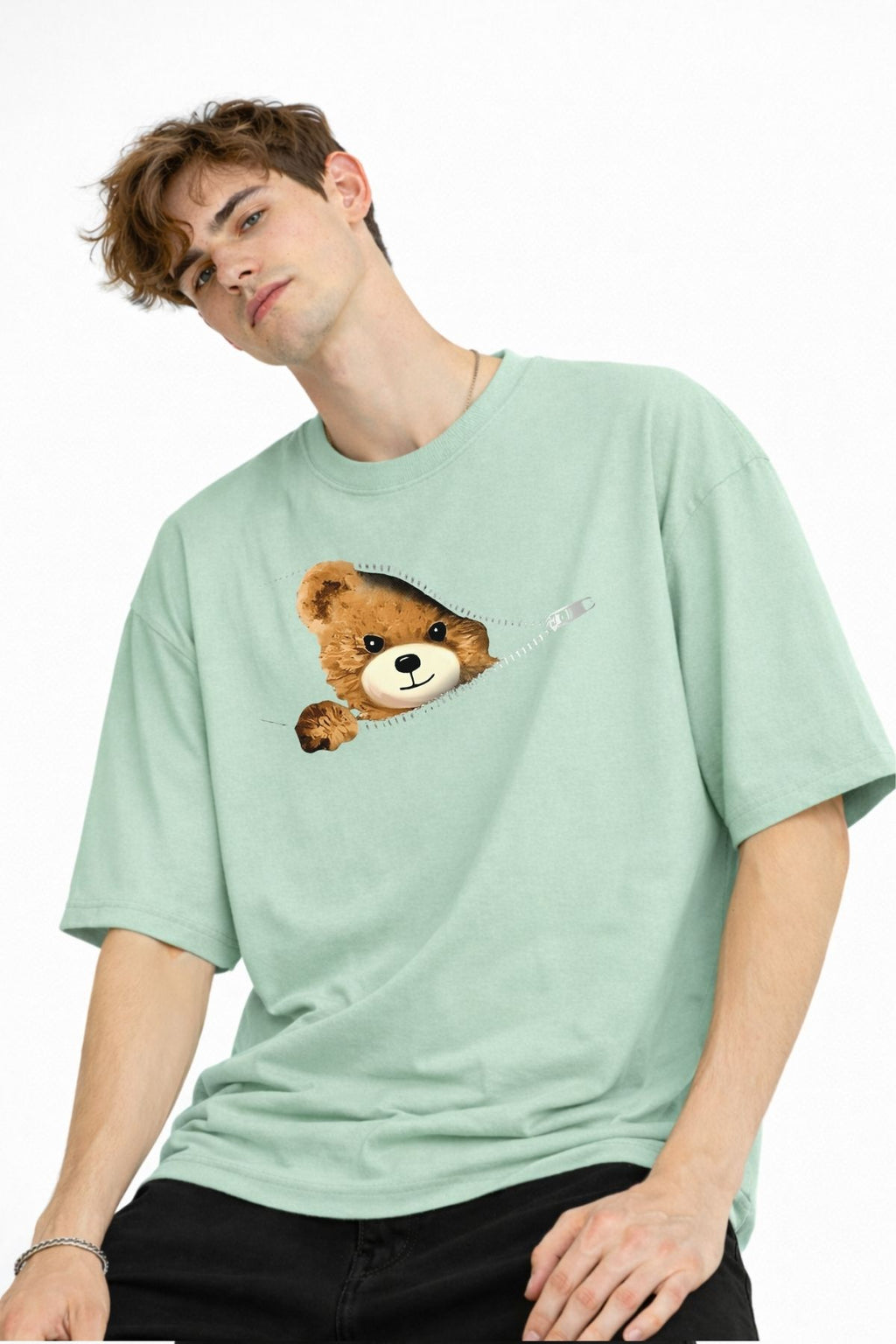 MN - Bear Baskılı Oversize Tişört SU YESILI