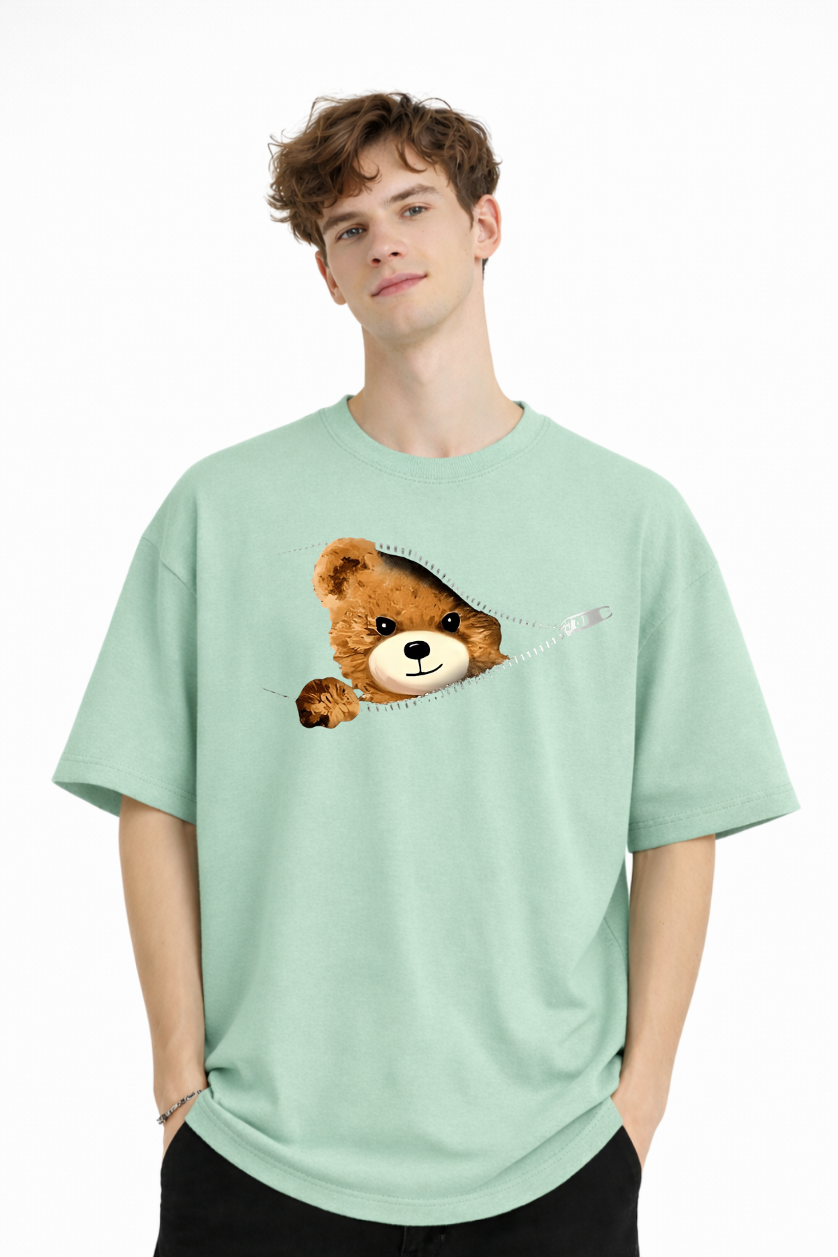 MN - Bear Baskılı Oversize Tişört SU YESILI