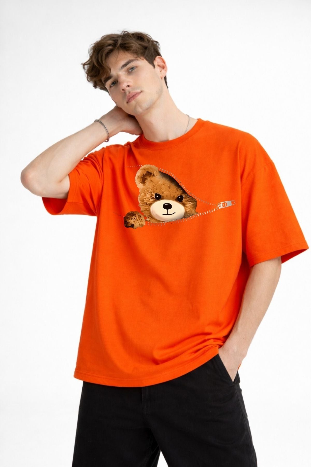 MN - Bear Baskılı Oversize Tişört TURUNCU