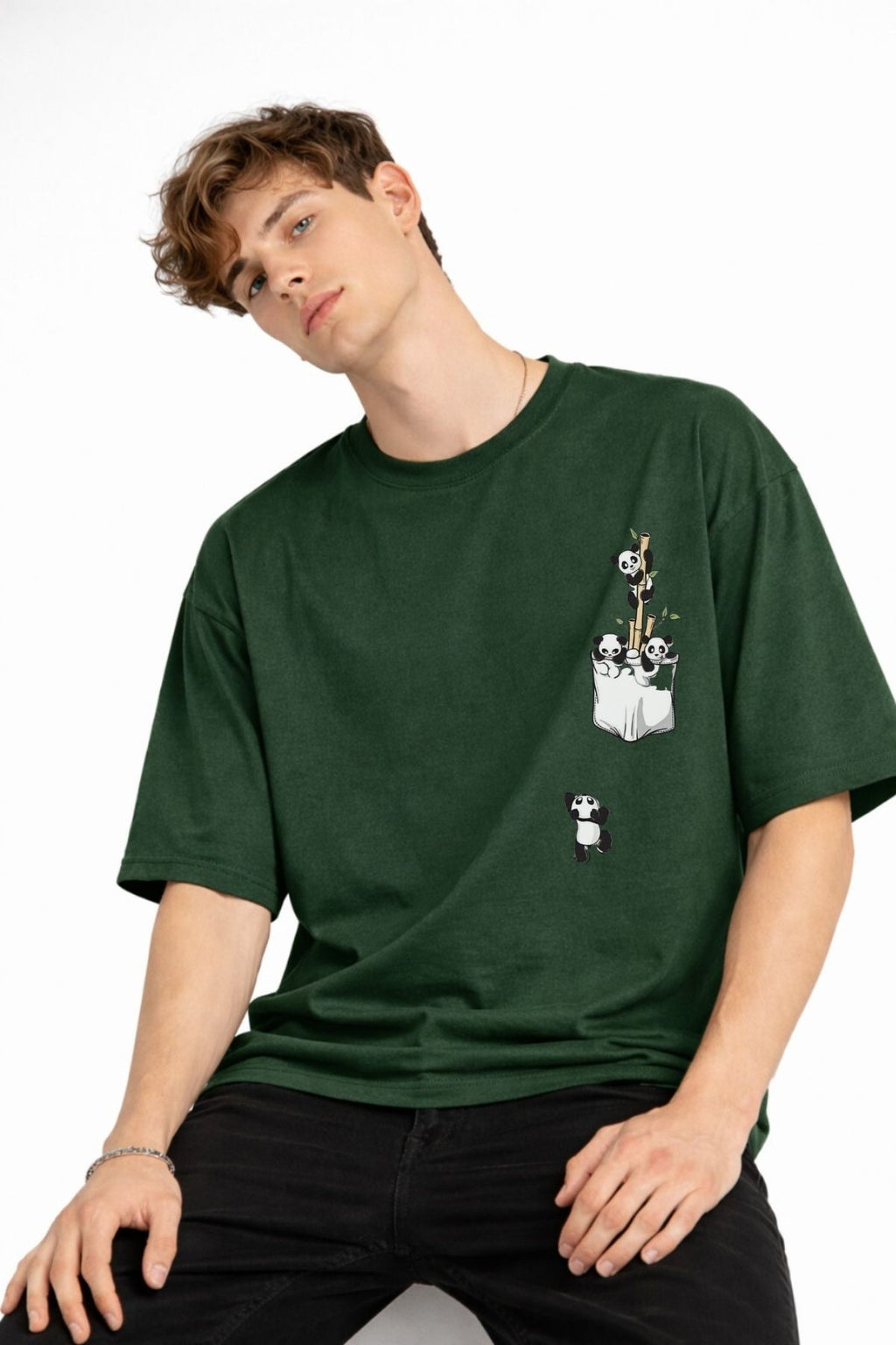 Panda - Baskılı Oversize Tişört HAKI