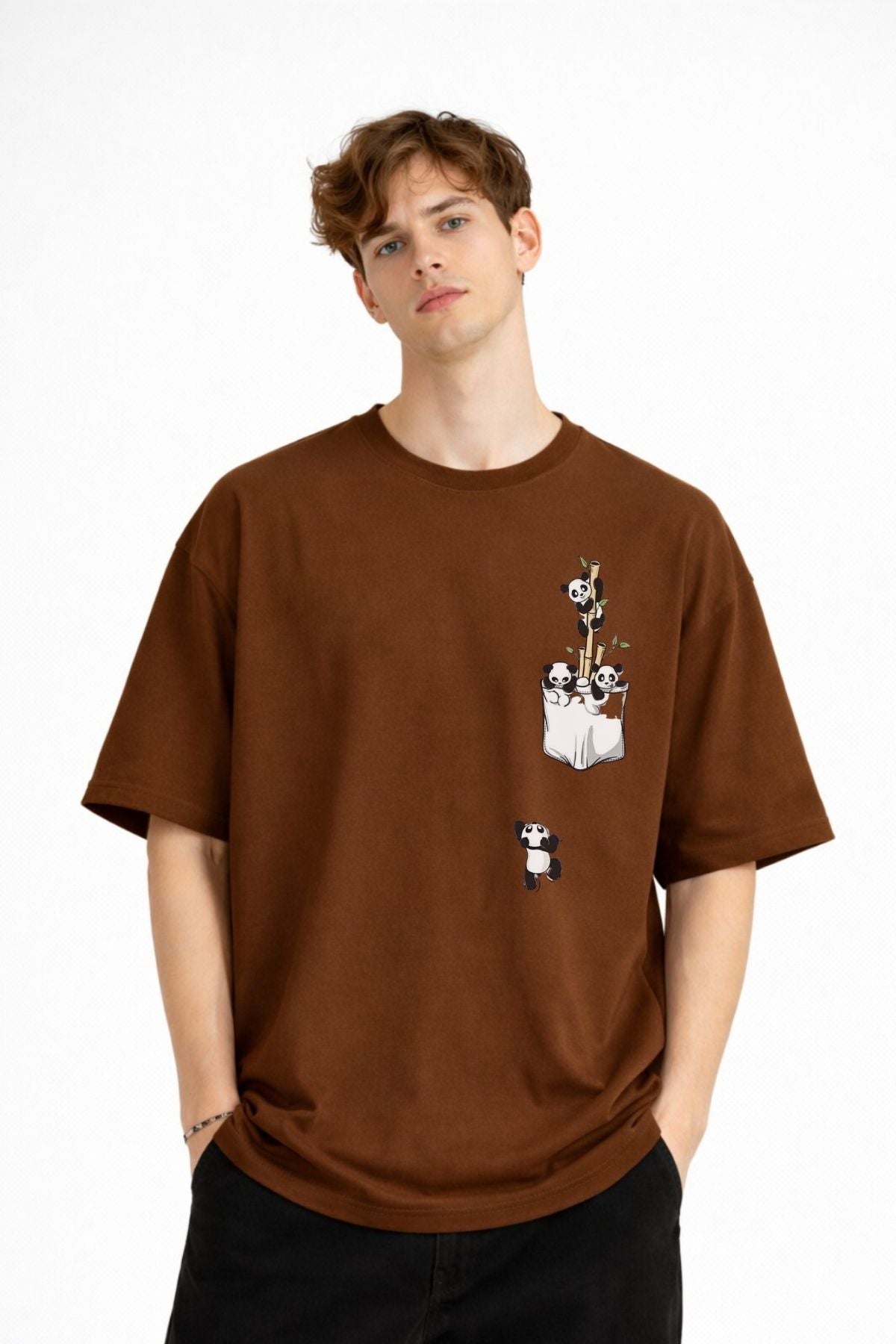 Panda - Baskılı Oversize Tişört KAHVE