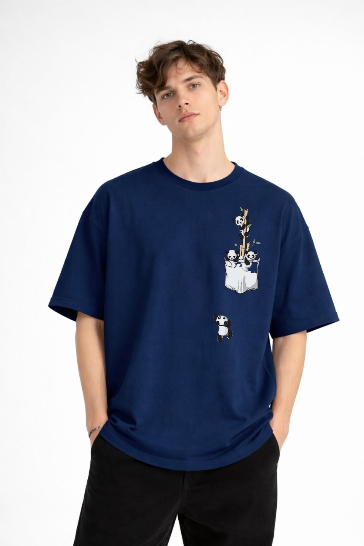 Panda - Baskılı Oversize Tişört LACIVERT
