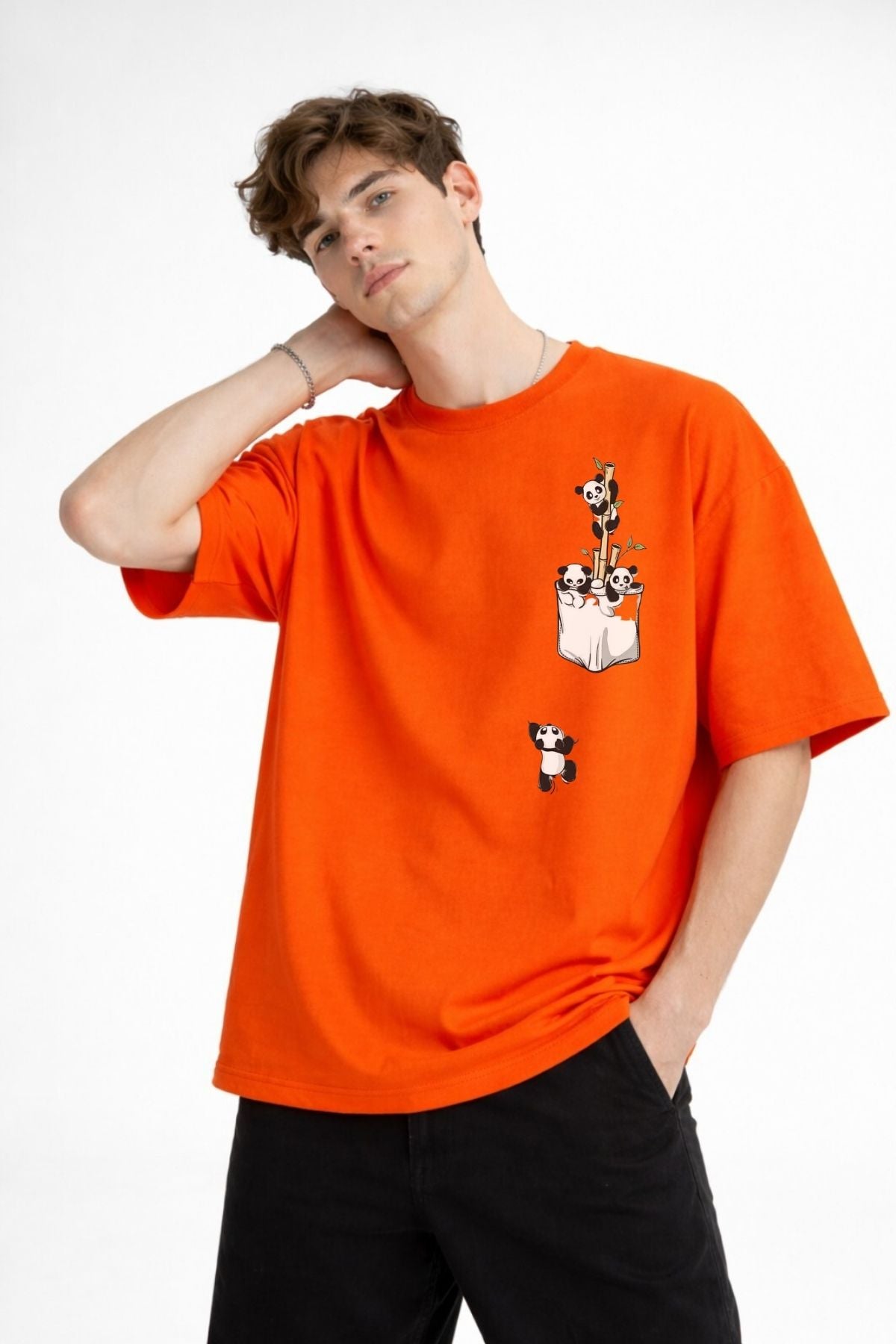 Panda - Baskılı Oversize Tişört TURUNCU