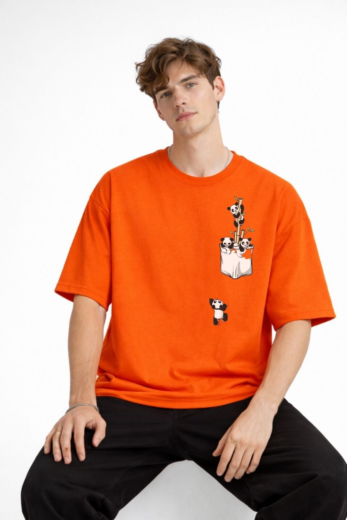 Panda - Baskılı Oversize Tişört TURUNCU