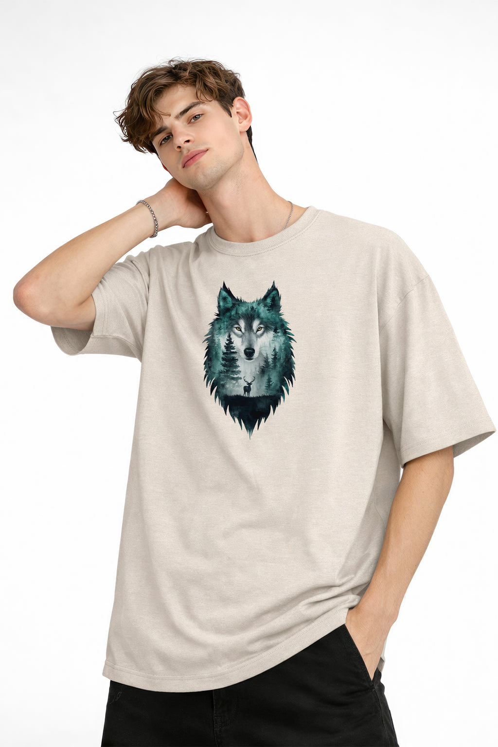 Wolf - Oversize Erkek Tişört BEJ