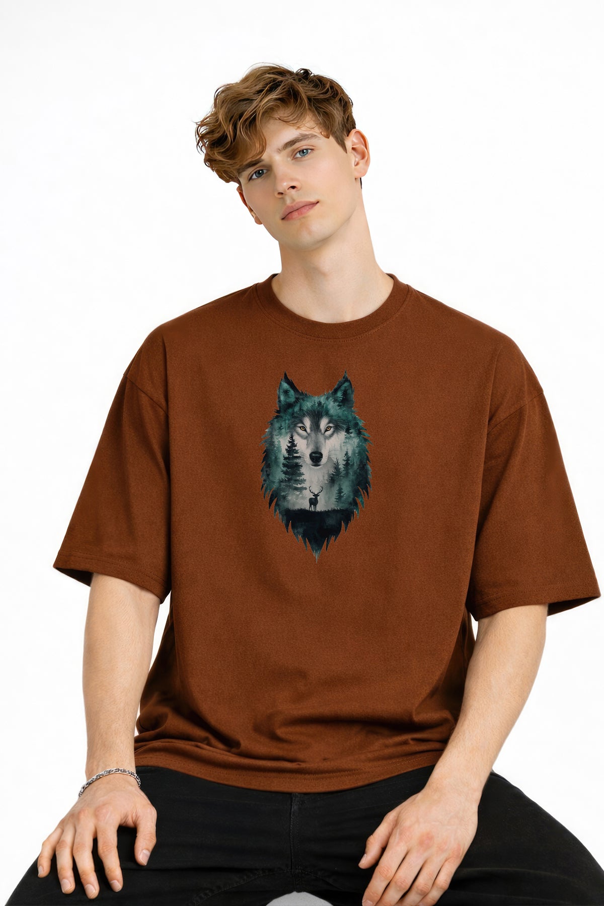 Wolf - Oversize Erkek Tişört KAHVE
