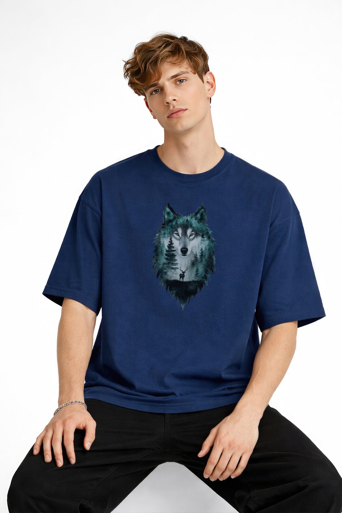 Wolf - Oversize Erkek Tişört Koyu Mavi